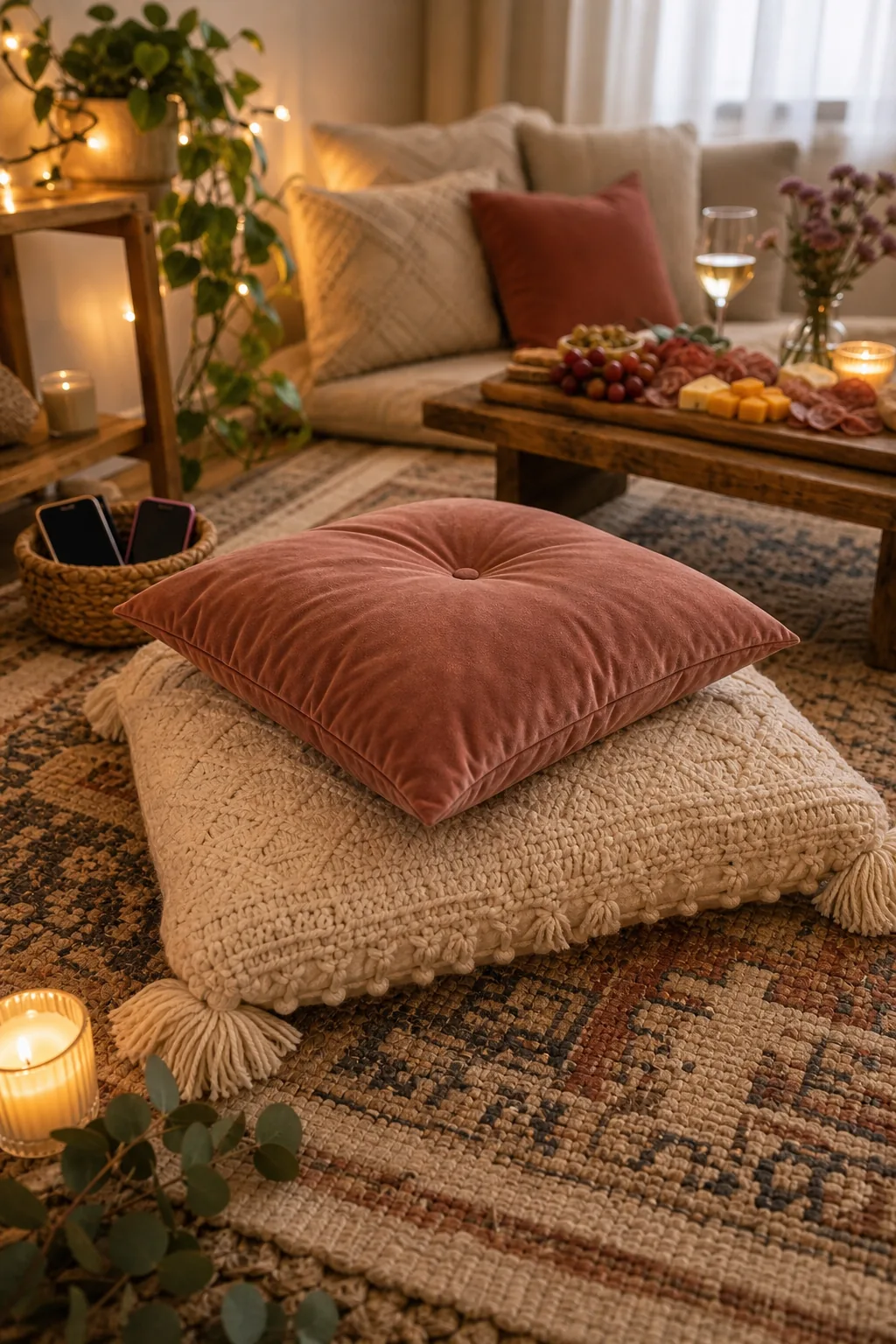 A firm cream macrame floor cushion topped with a soft terracotta velvet pillow on a patterned rug.
