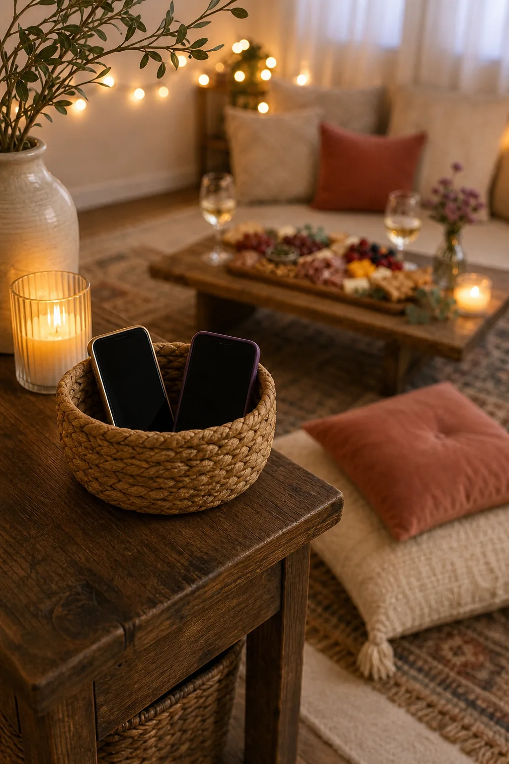 A small woven basket holding two smartphones on a wooden table.