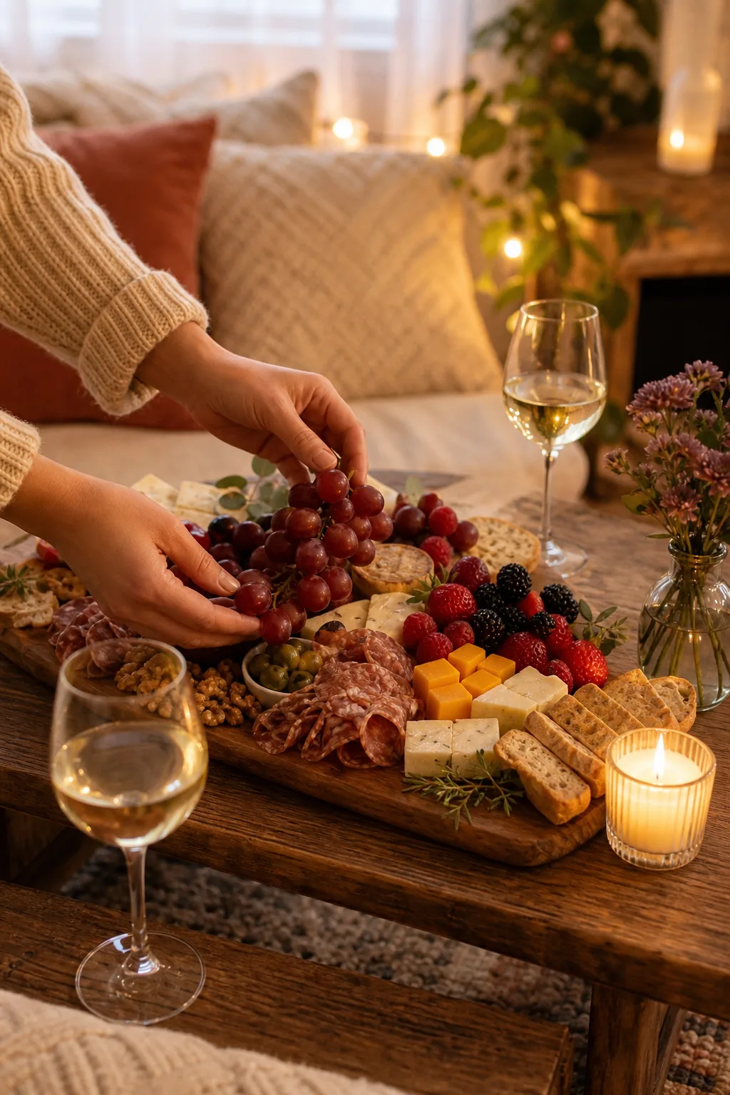 Hands placing a cluster of red grapes onto a fully assembled charcuterie board.