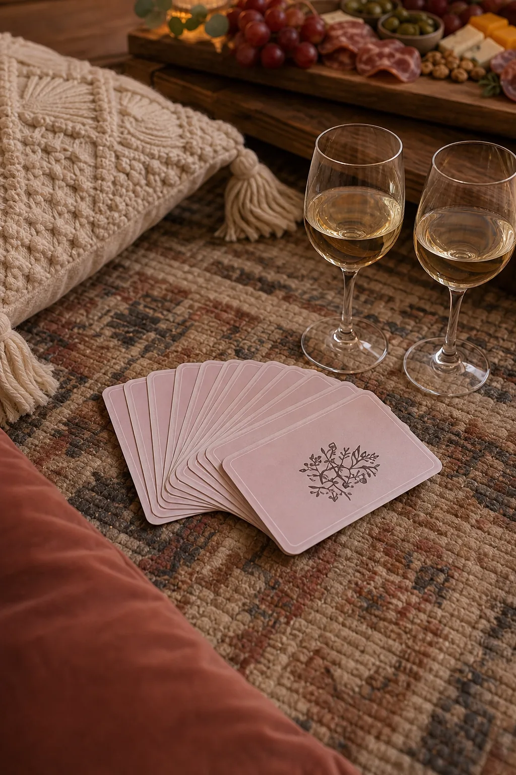 A deck of pink conversation cards fanned out on a rug next to two wine glasses.