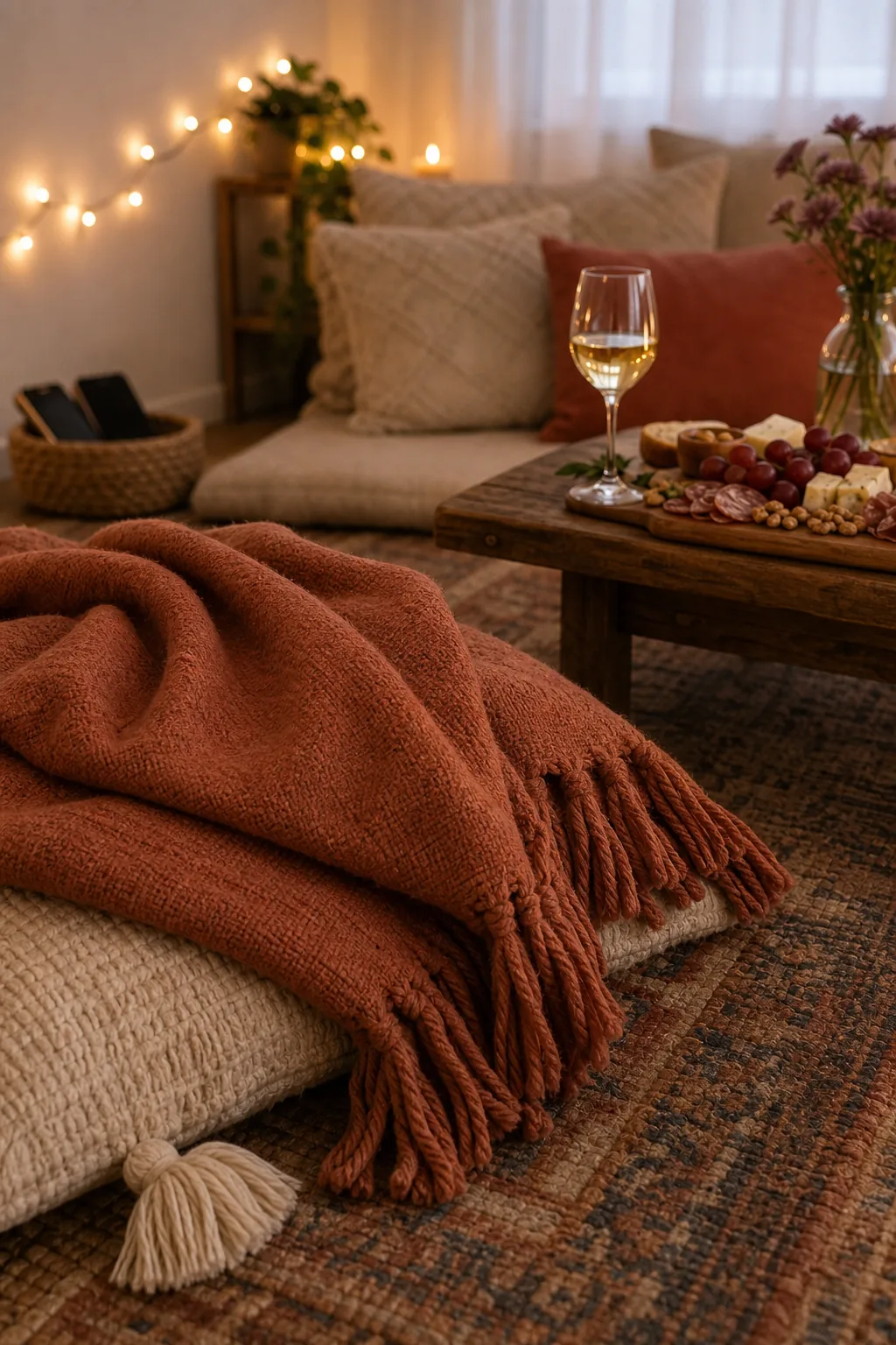 A folded terracotta throw blanket draped over the edge of a floor seating arrangement.