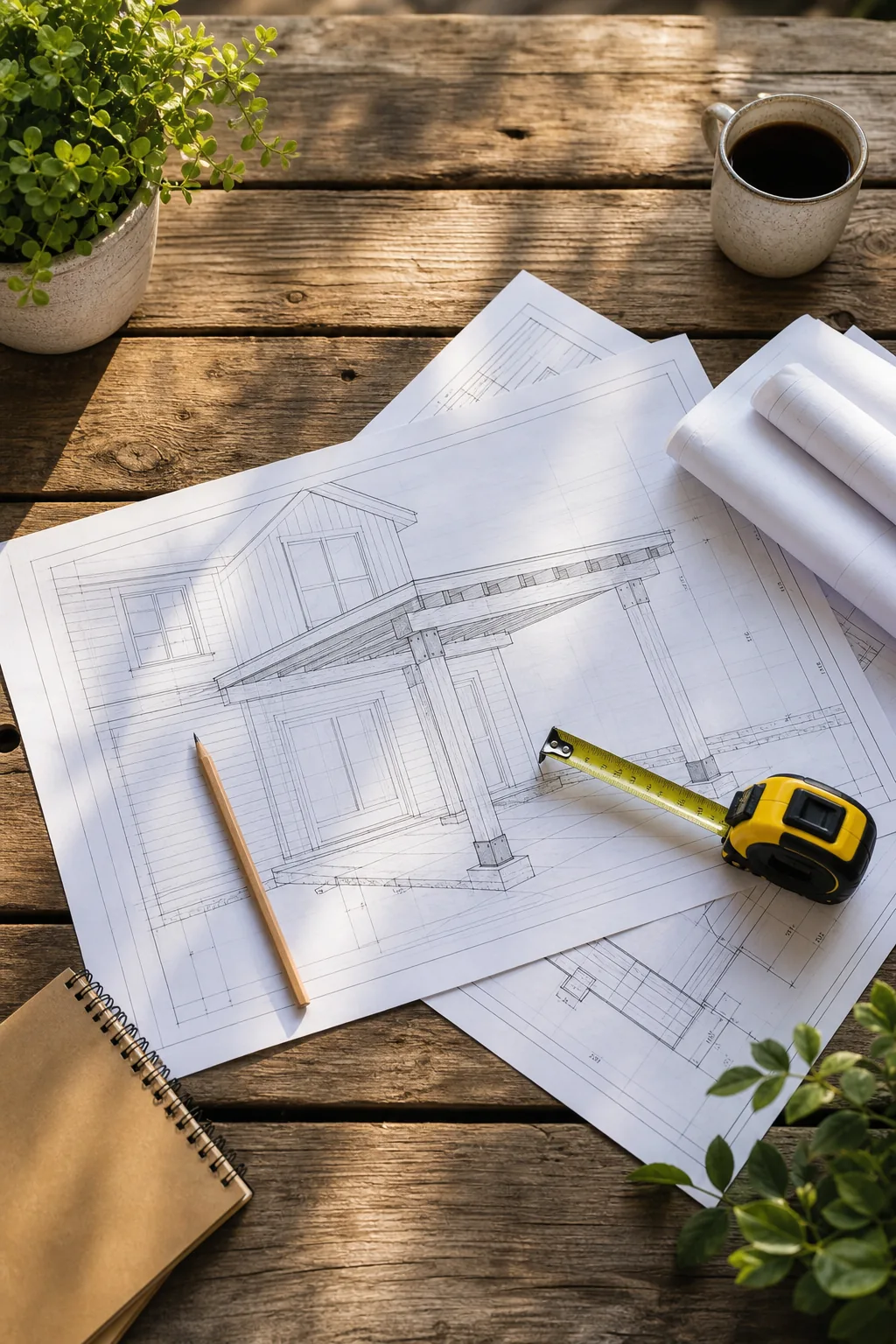 Architectural blueprints and a tape measure laid out on a wooden outdoor table