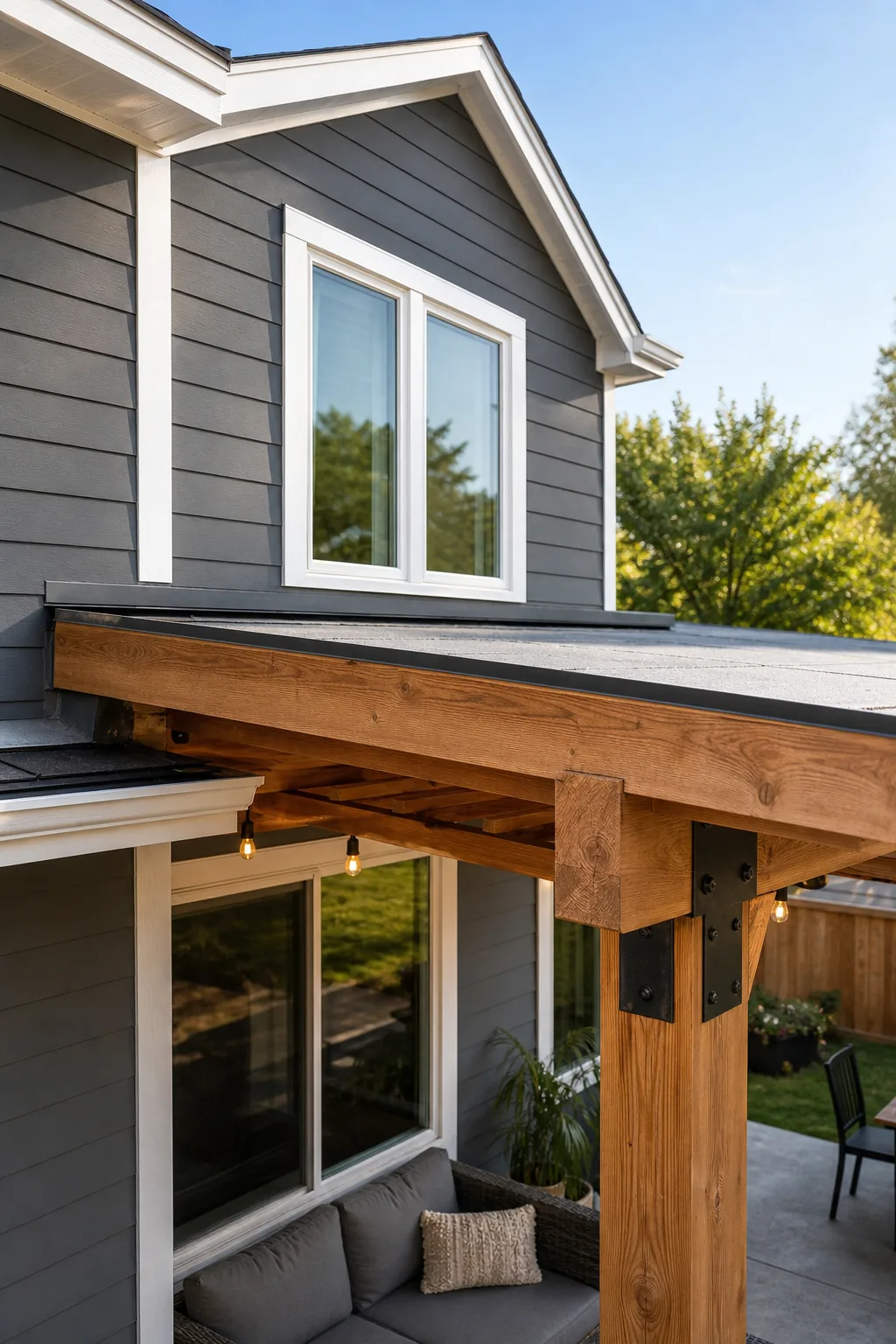 View looking up at a patio roof tying into a house wall below second-story windows