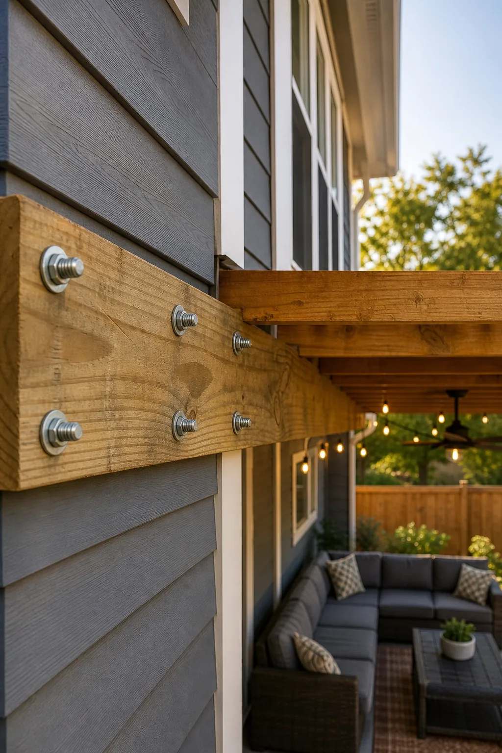 Close-up of a wooden ledger board attached to a house wall with lag screws