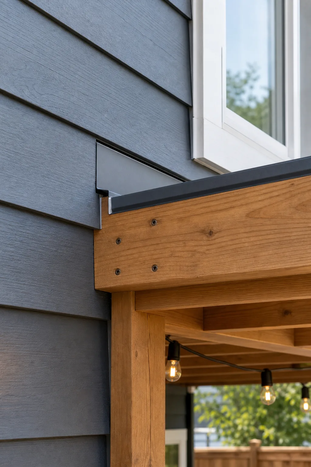 Metal Z-flashing tucked under grey house siding and overlapping a wooden patio frame