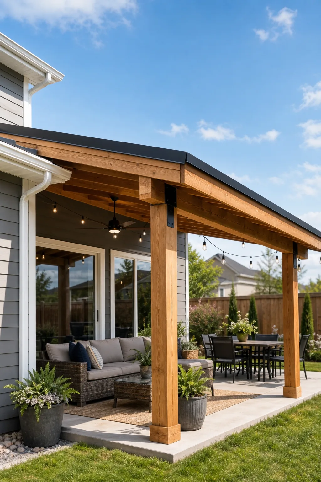 Profile view of a gently sloping patio roof with dark metal edge trim