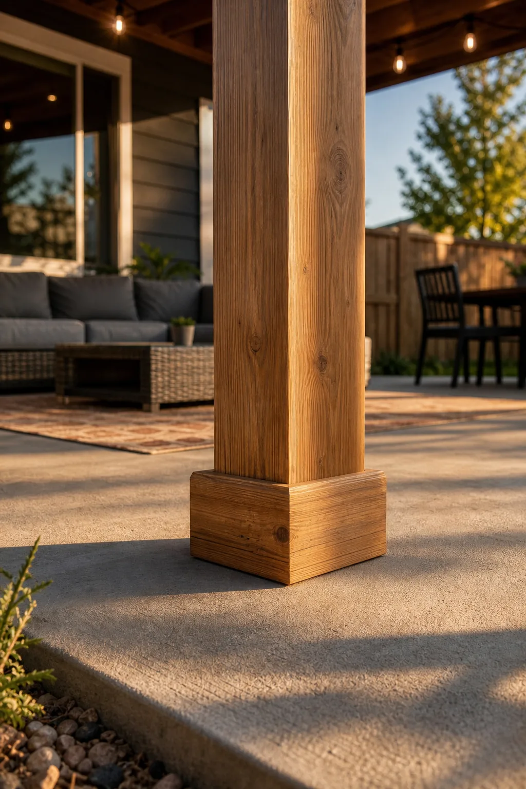 Base of a thick wooden 6x6 support post resting on a concrete patio