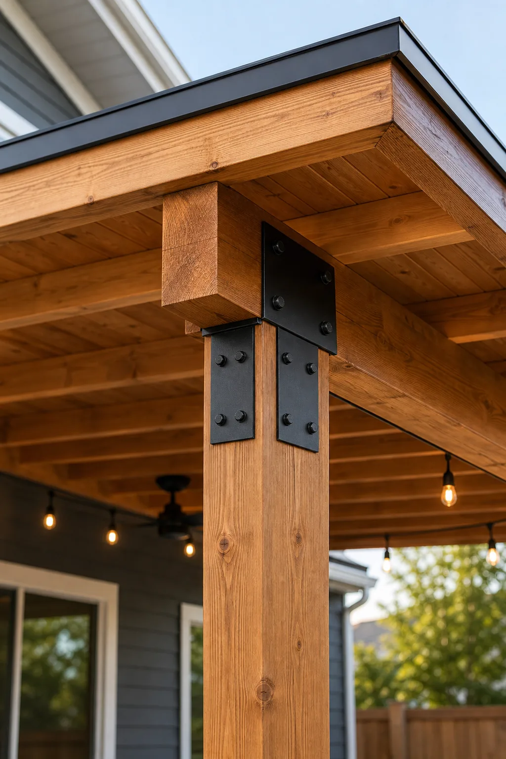 Black steel structural bracket connecting a timber post to an overhead beam