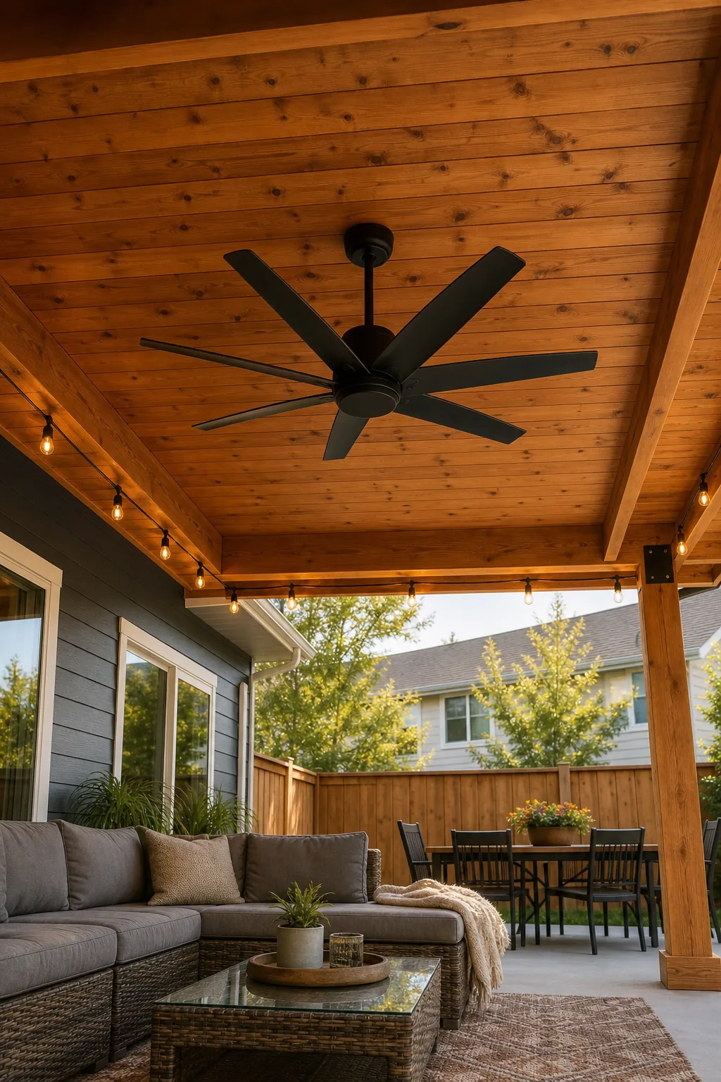 Finished natural wood tongue-and-groove ceiling on an outdoor covered patio