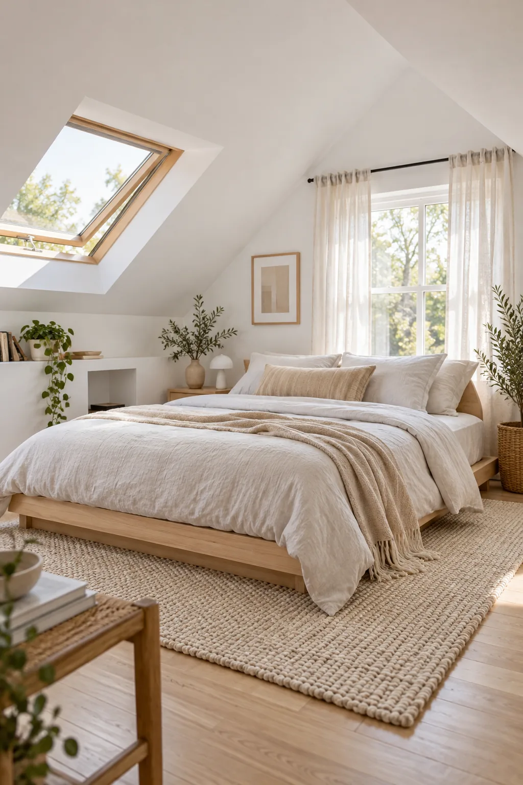 A minimalist Scandinavian attic bedroom with a birch wood bed and all-white walls.