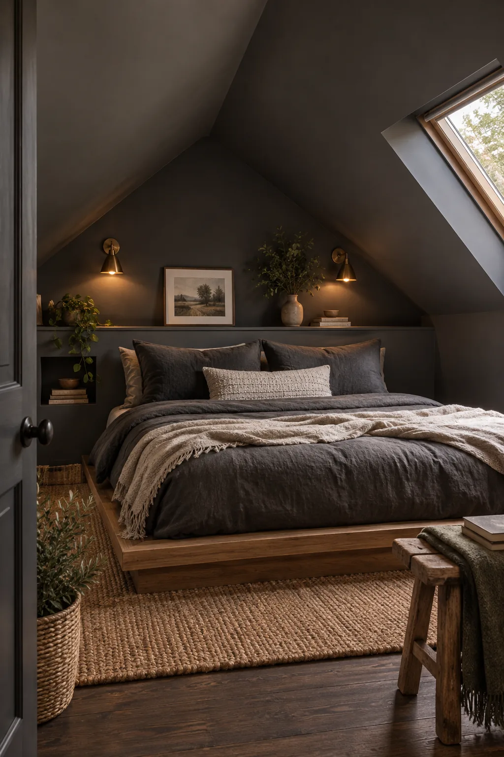 A moody attic bedroom painted entirely in dark charcoal grey with brass accents.