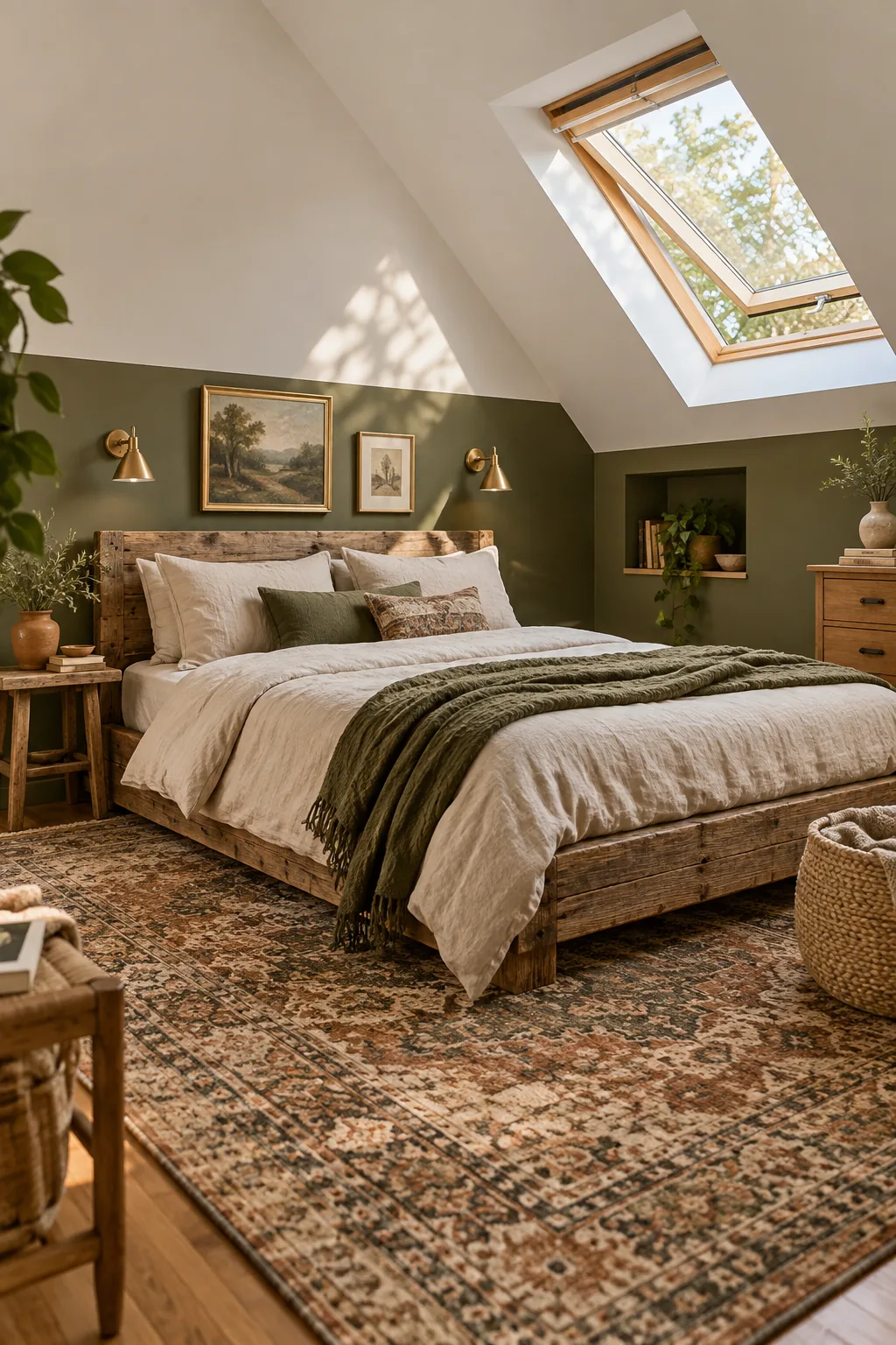 An earthy attic bedroom with olive green knee walls and a rustic wood bed.
