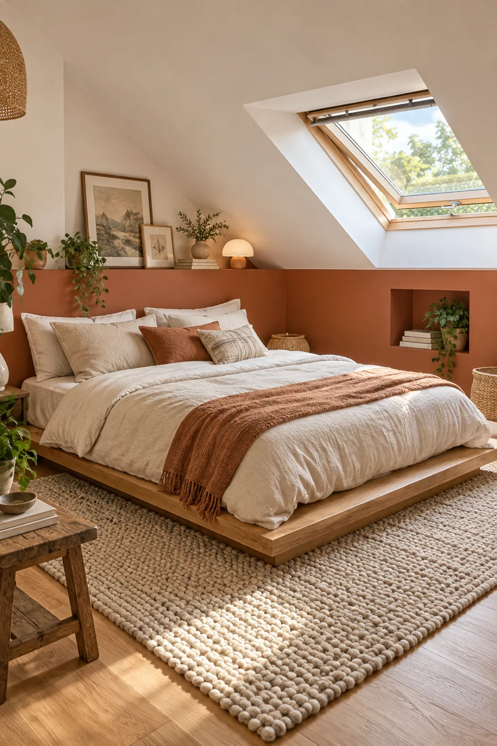 A low-profile oak platform bed with linen bedding resting on a textured rug.