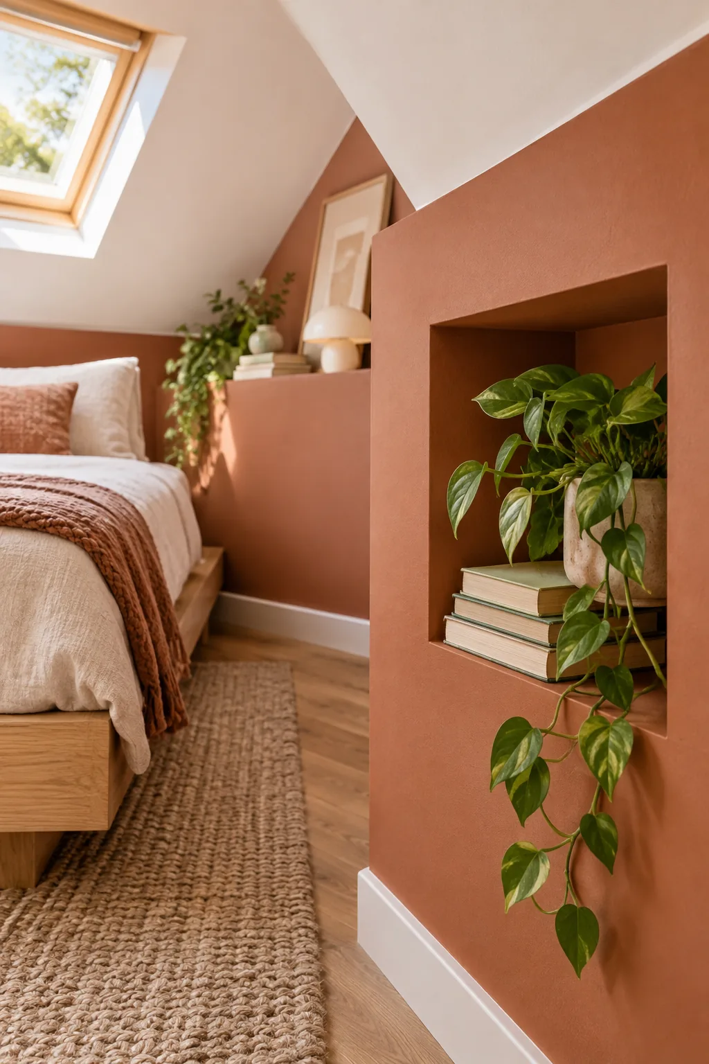 A built-in square cubby in a terracotta wall holding books and a small plant.