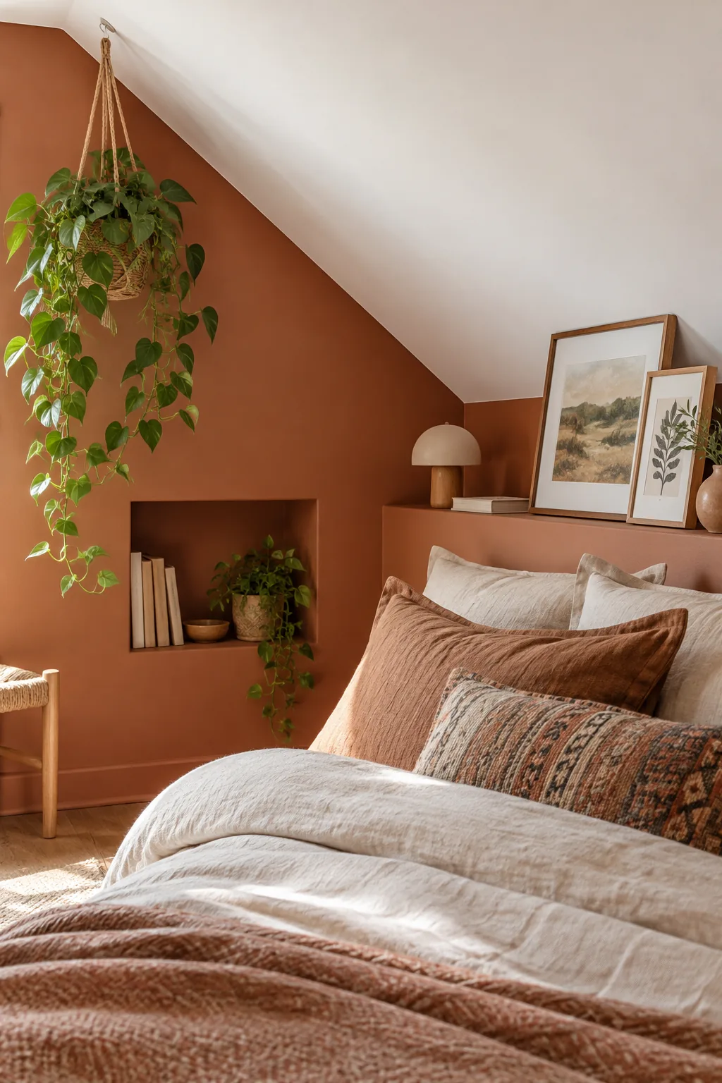 A terracotta painted ledge behind a bed, styled with art and a lamp.