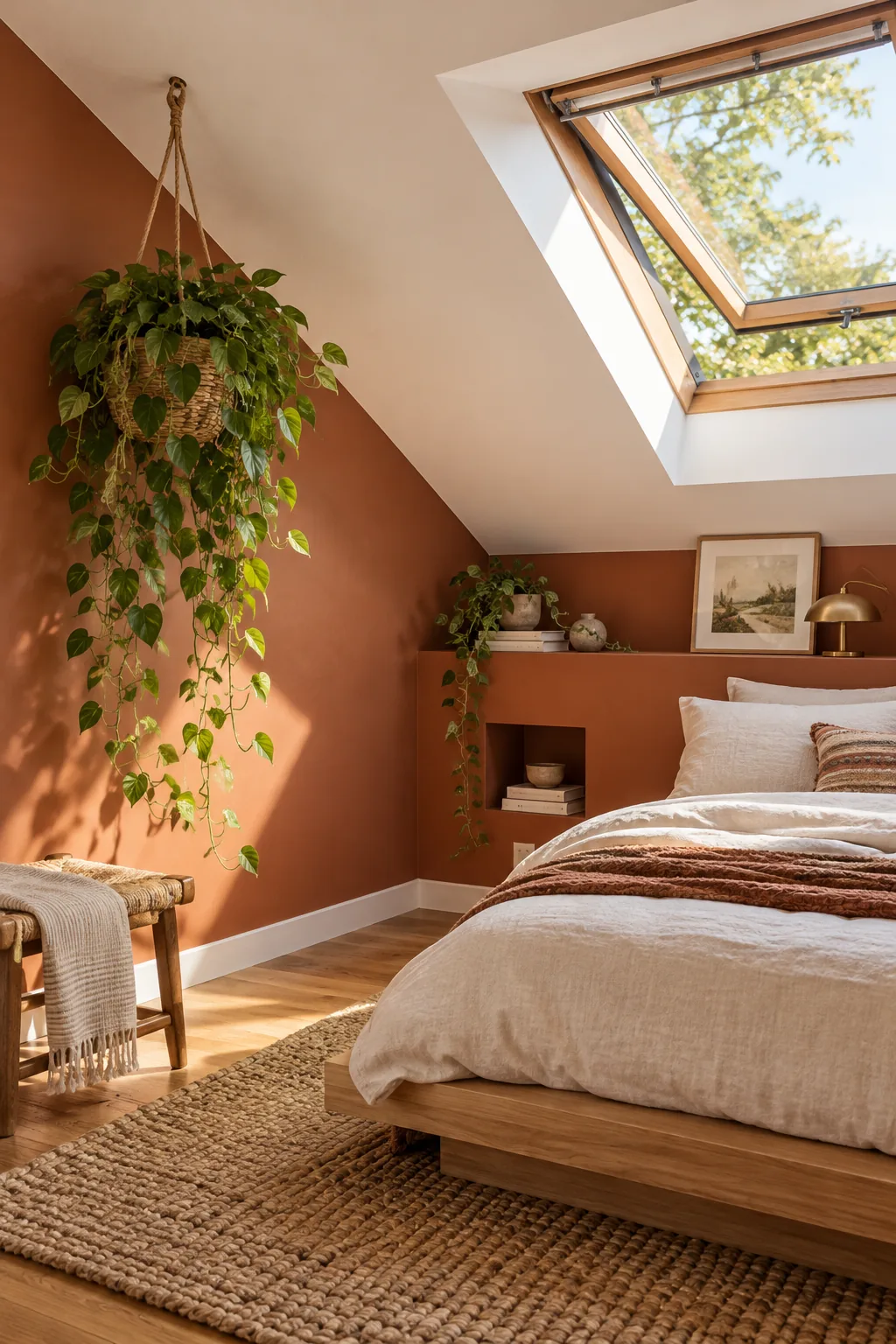 The intersection of a terracotta painted vertical wall and a white slanted ceiling.