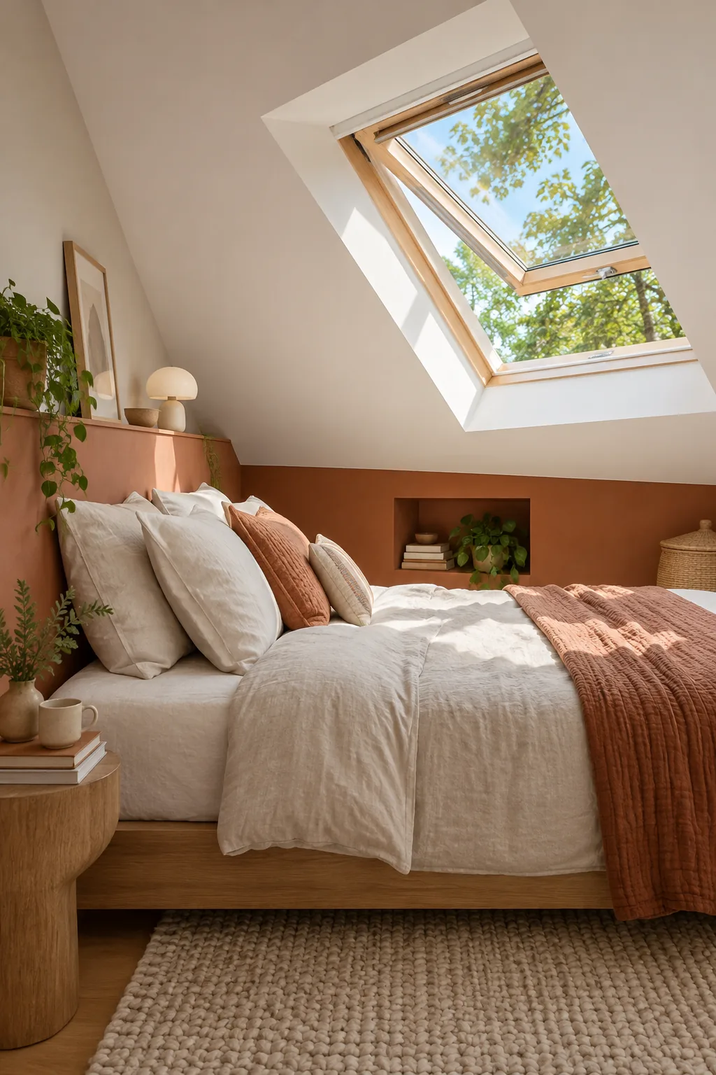 An open wooden skylight in a white slanted ceiling showing trees and sky.