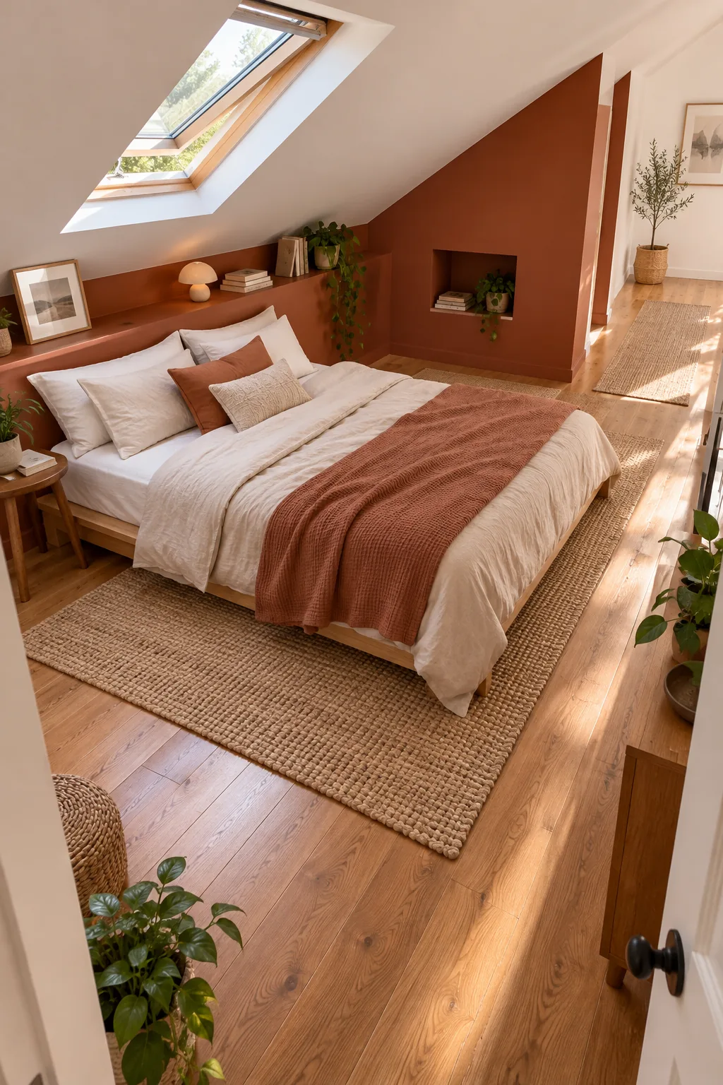 A side view of a bed showing the vertical space between the pillows and the slanted ceiling.