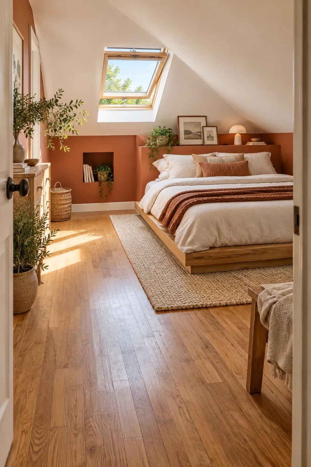 A wide view of an attic bedroom showing the walking path at the foot of the bed.