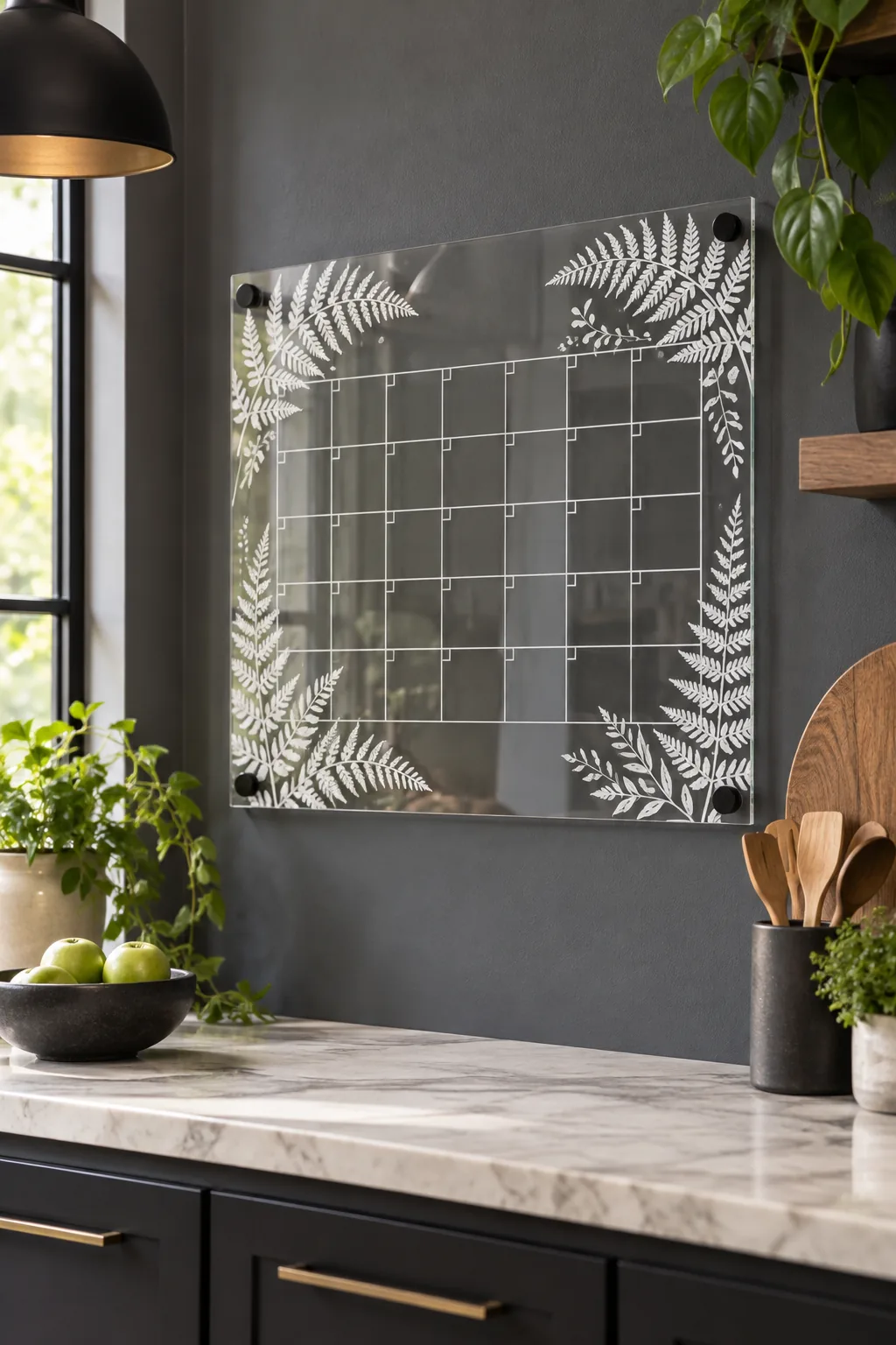 Acrylic calendar with white painted fern leaves in a modern dark kitchen.