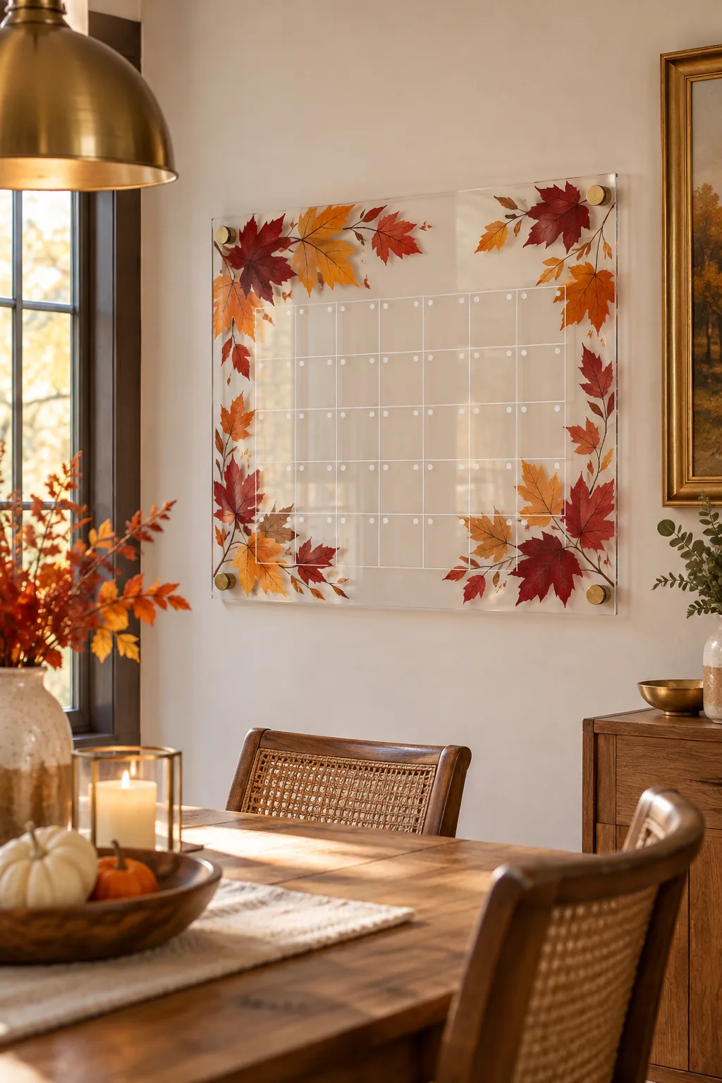 Acrylic wall calendar decorated with painted orange and red autumn leaves in a warm wood dining room.