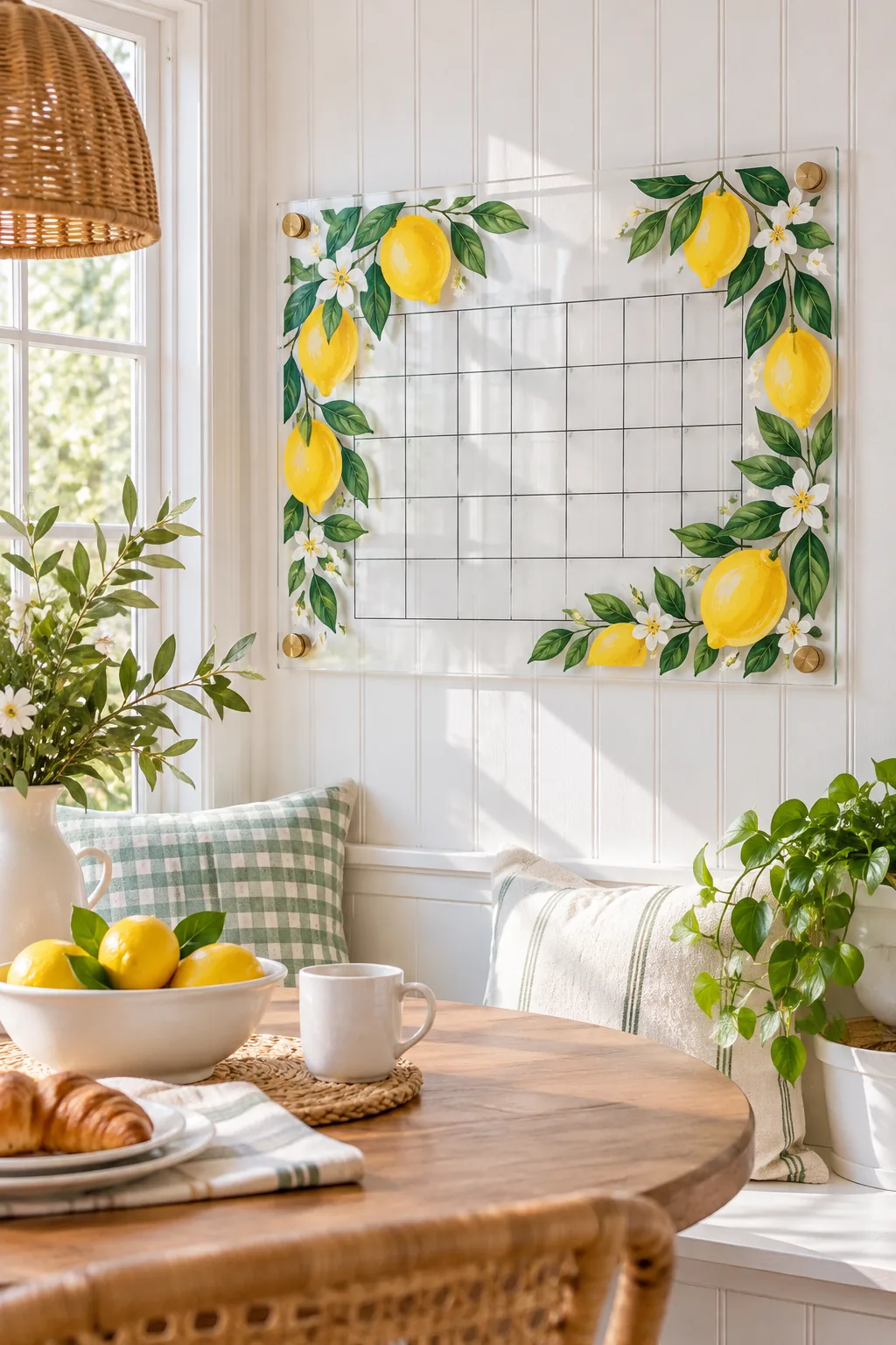 Clear calendar with painted lemons and green leaves in a bright breakfast nook.