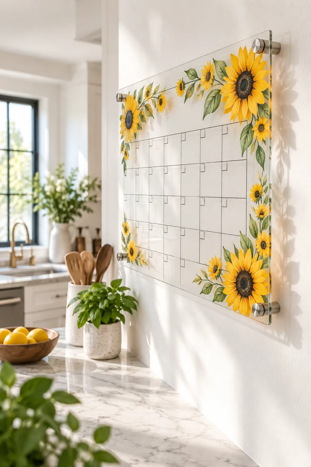 Clear acrylic calendar mounted on a white kitchen wall with painted sunflowers casting soft shadows.
