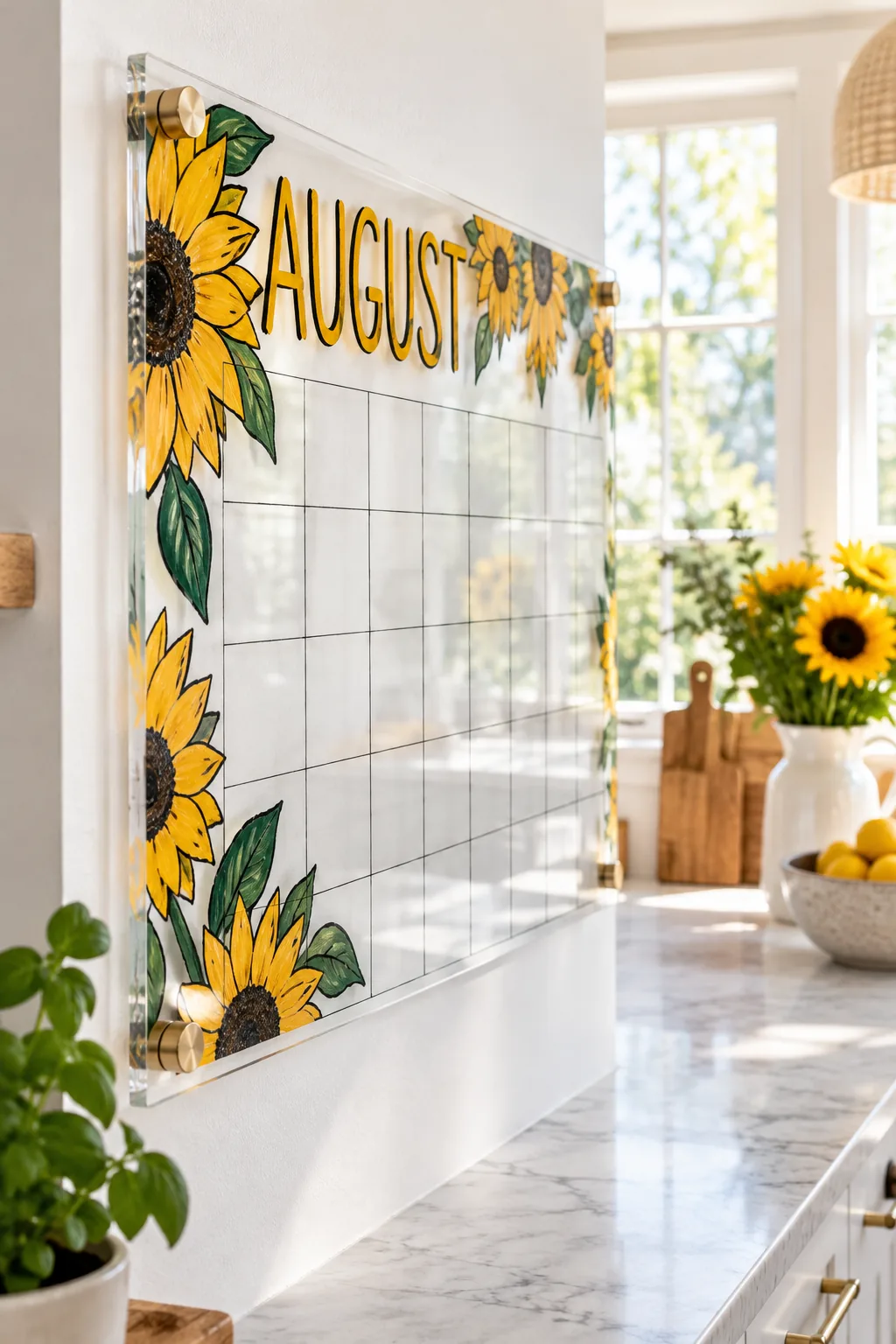 Thick yellow and black AUGUST lettering painted on the rear surface of a clear acrylic board.
