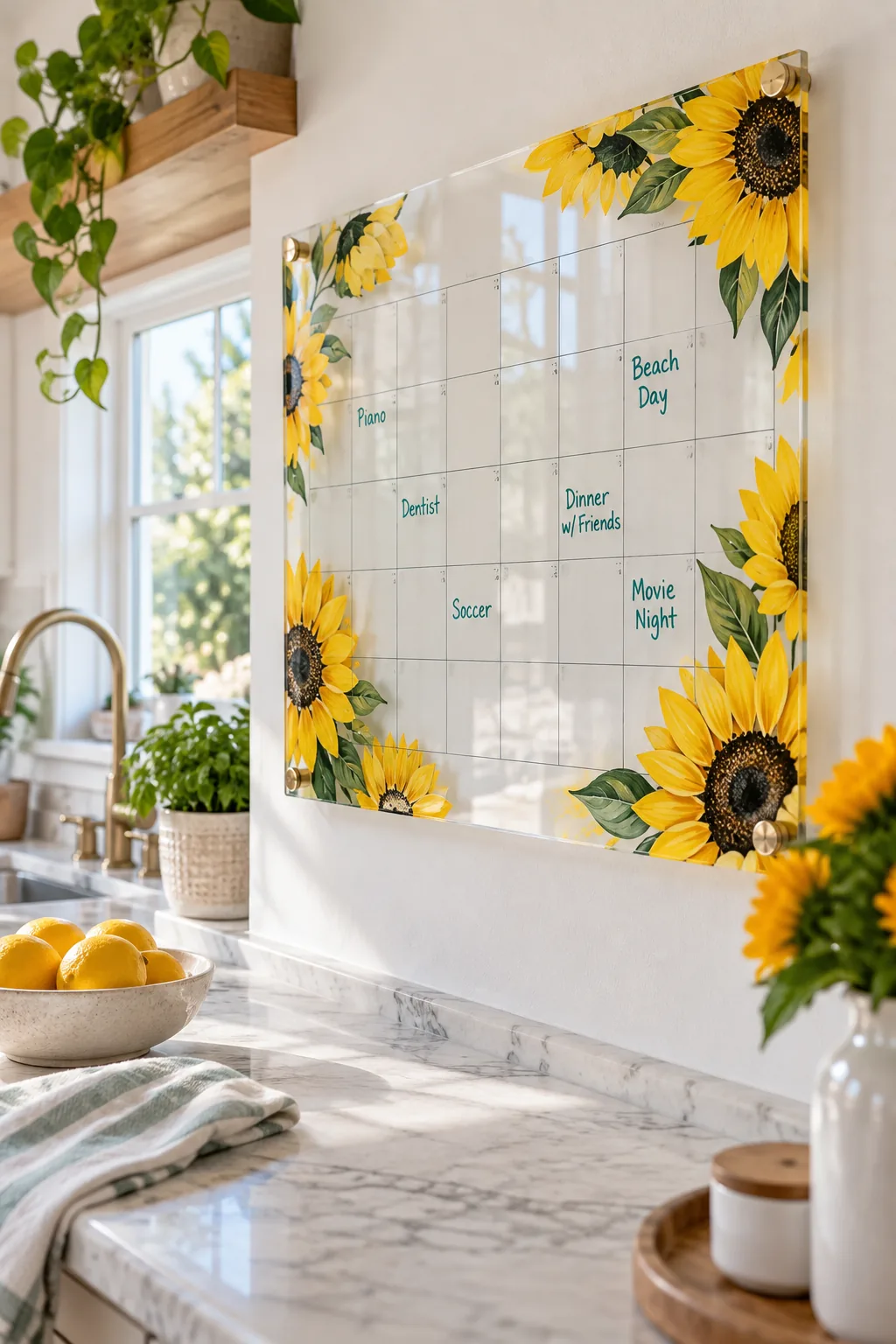 Bright yellow paint marker fill covering black petal outlines on the back of an acrylic calendar.
