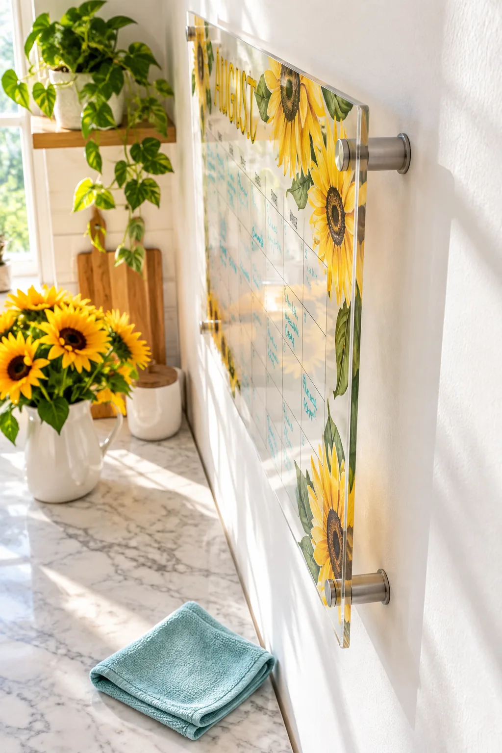 Teal dry-erase marker writing on the front of an acrylic calendar with painted sunflowers behind the glass.
