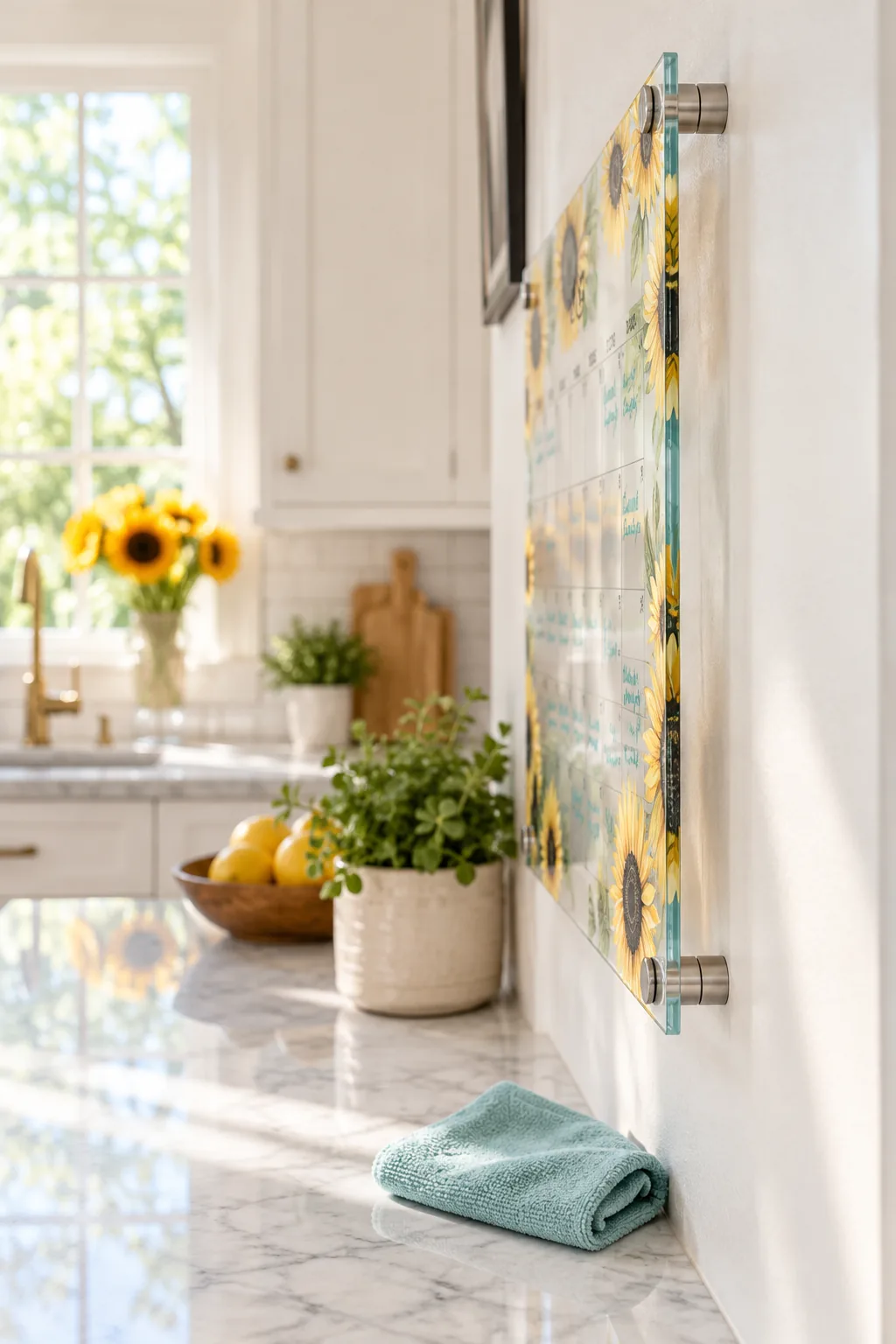 Side view of an acrylic wall calendar on metal standoffs with a folded damp cloth on the counter below.