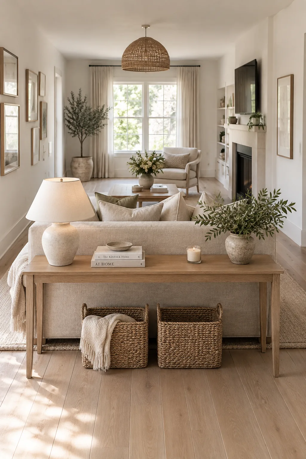 A living room with a sofa floating in the middle of the room, backed by a slim console table.