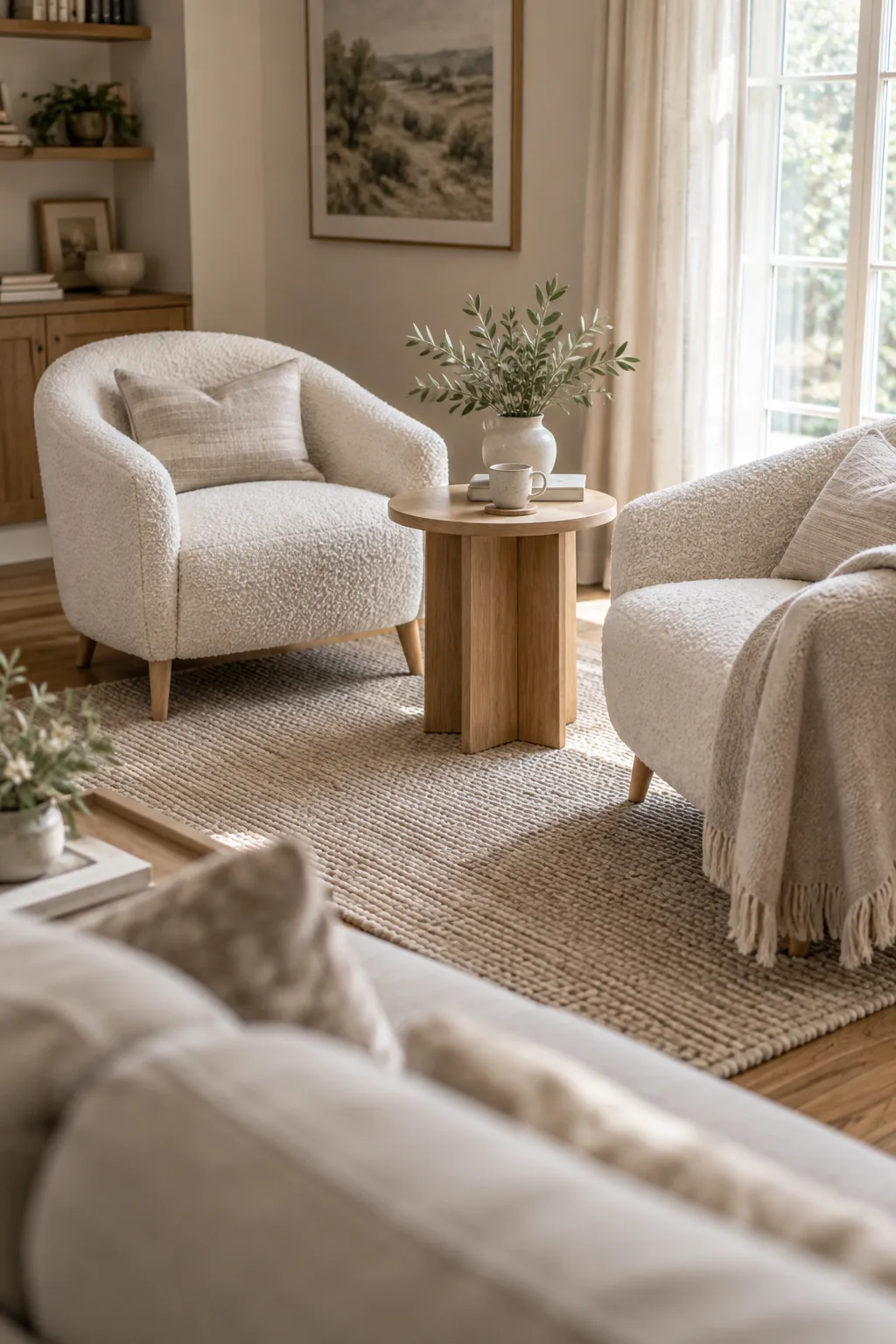 Two matching accent chairs facing a sofa with a small round side table between them.
