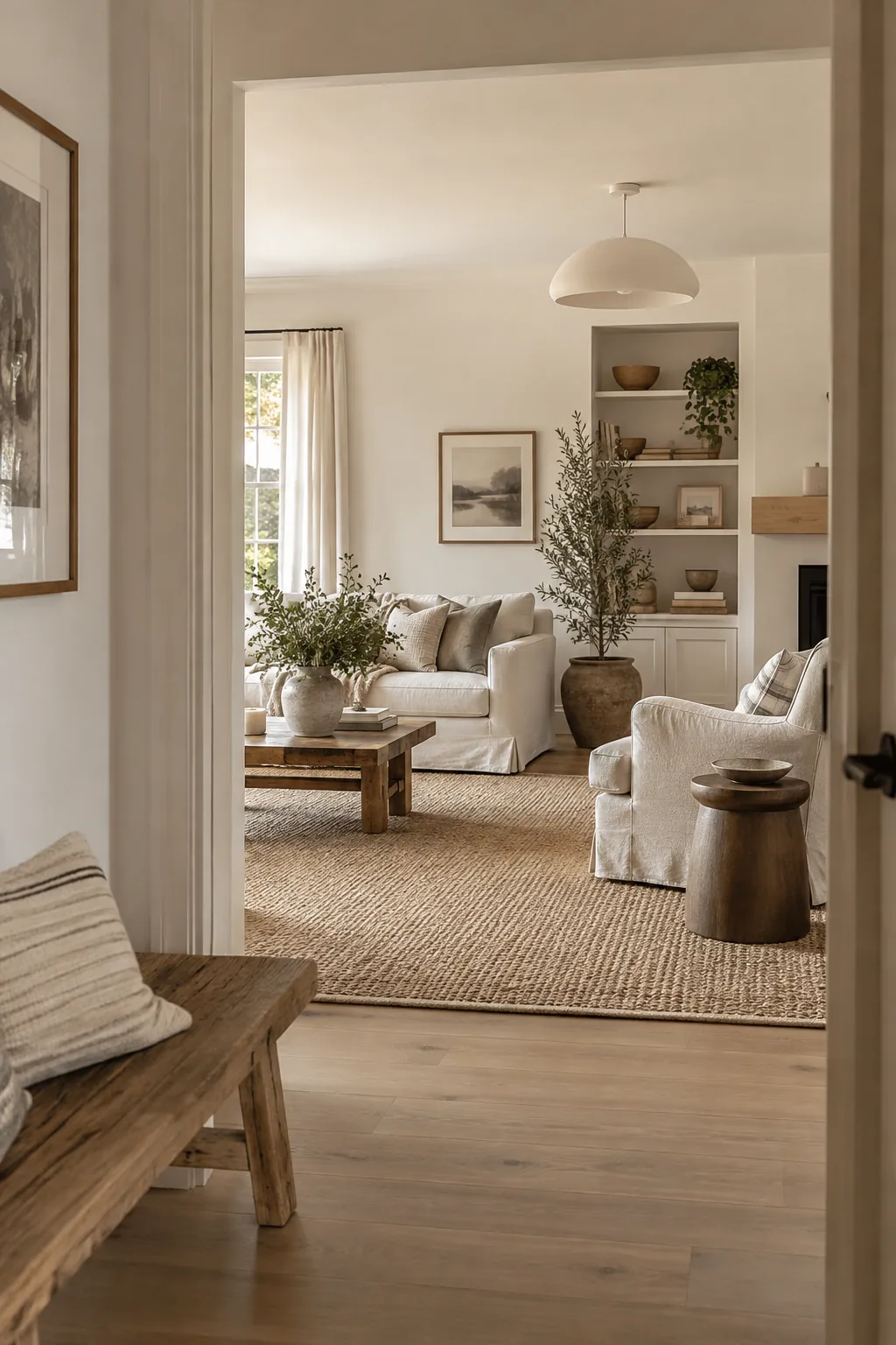 A large area rug anchoring a floating furniture arrangement in an open concept living room.
