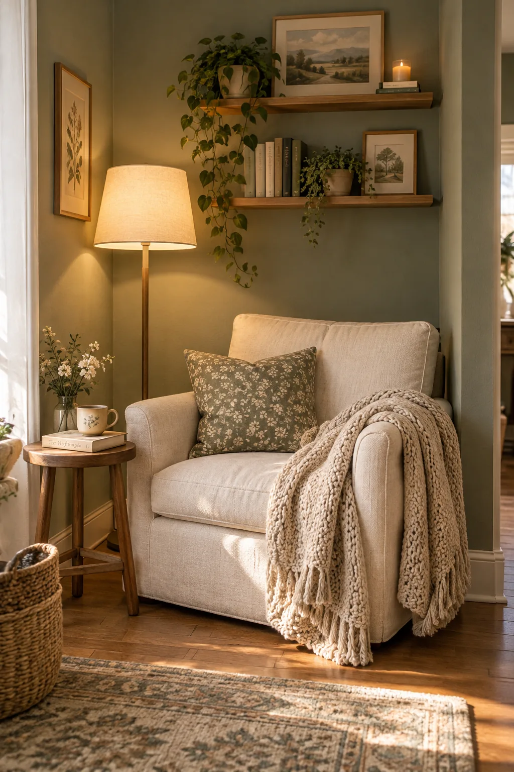 A cozy reading nook in a corner with an armchair, floor lamp, and small drink table.