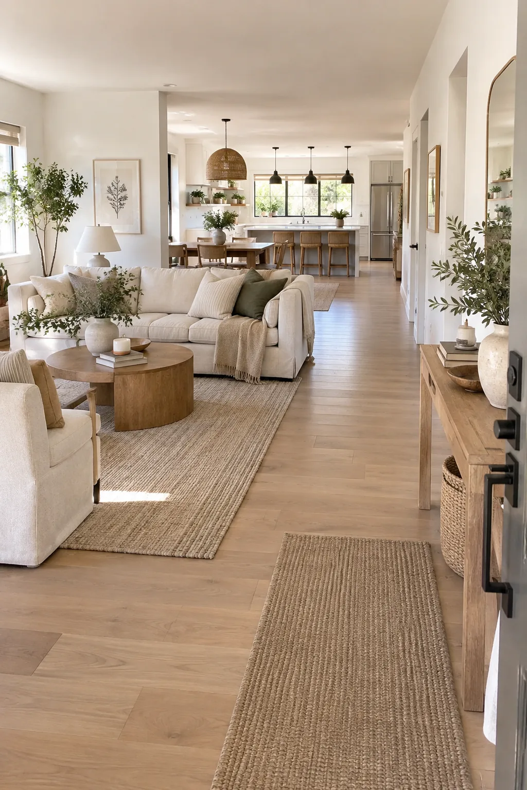 A living room showing a clear, wide pathway behind the main seating area.