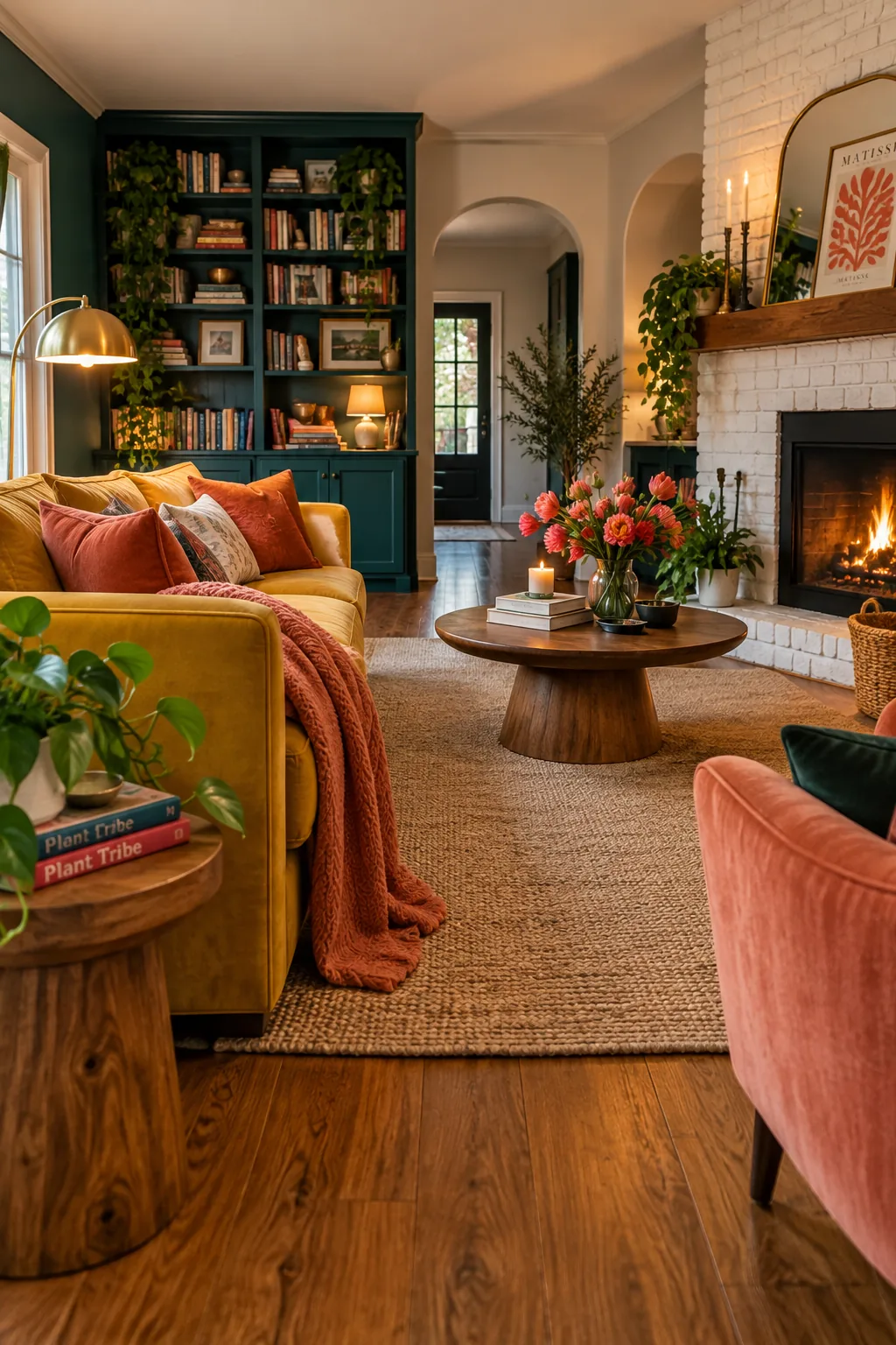 A living room with an off-center fireplace balanced by a tall bookcase on the opposite side.