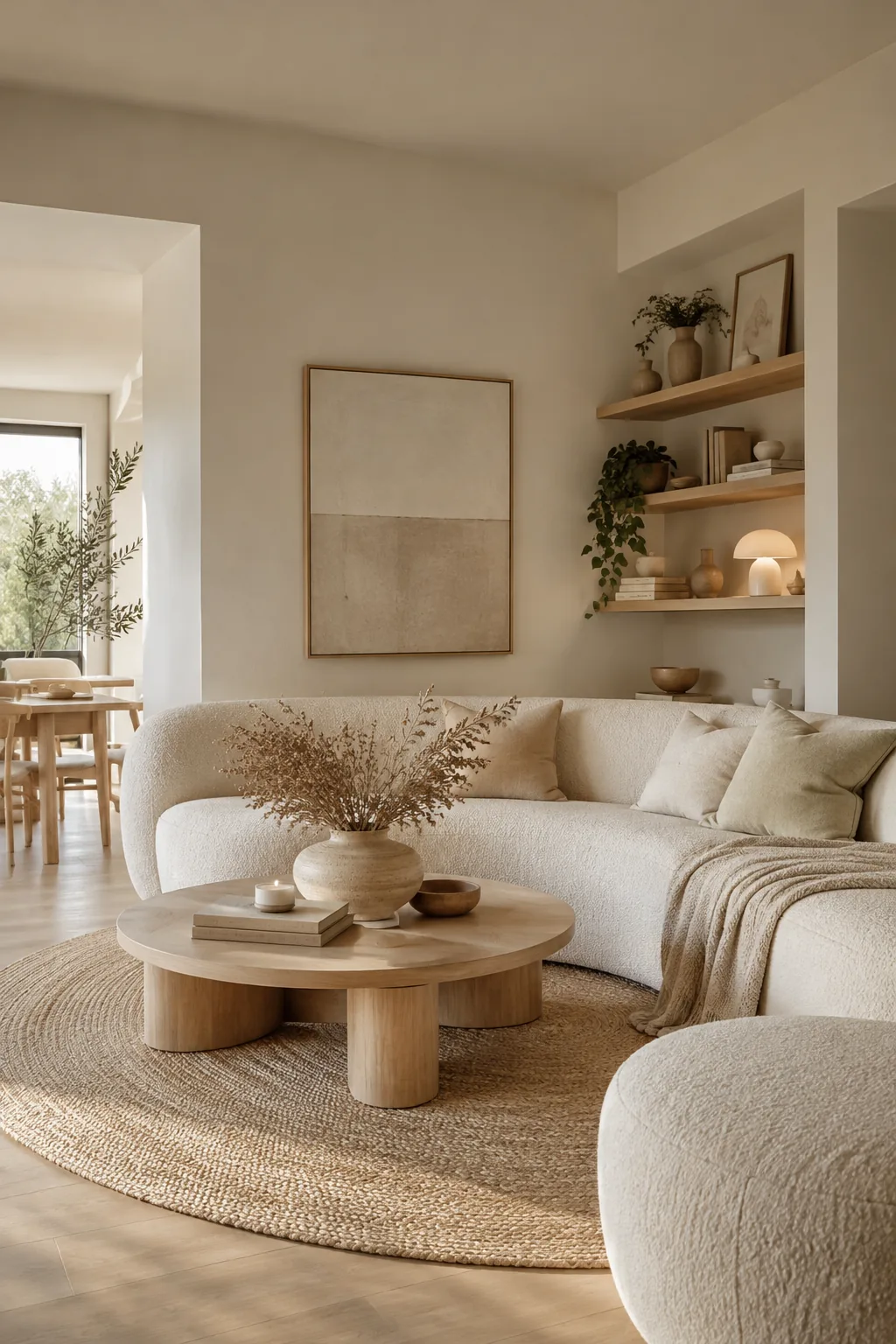 A round coffee table sitting in the middle of an L-shaped living room layout.