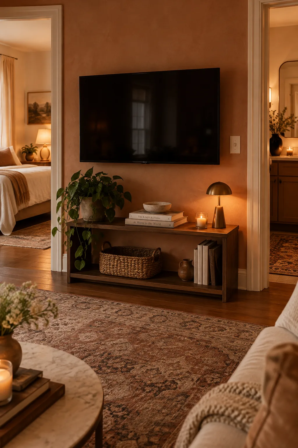 A flat screen TV mounted on an articulating arm in the corner of a living room.