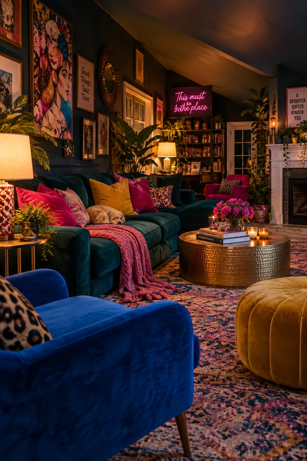 A living room lit by warm table lamps and a floor lamp at night.