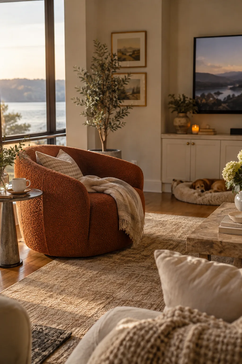 A modern swivel chair placed between a fireplace and a large window in a living room.