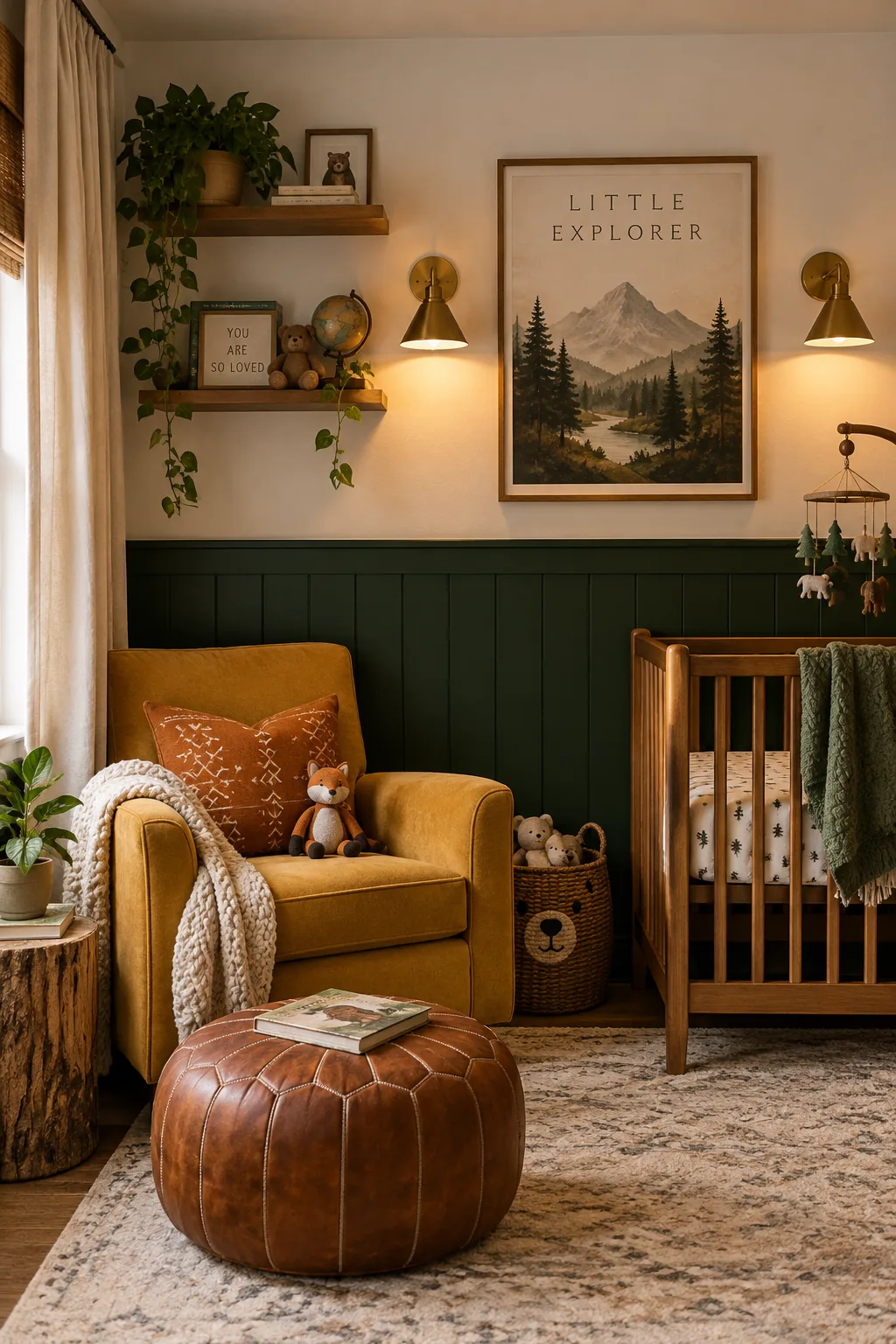 Nursery with deep hunter green lower walls and brass sconces
