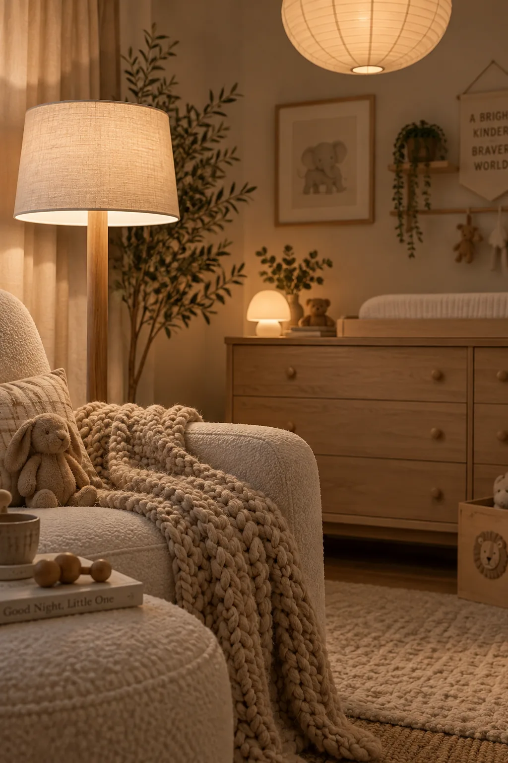 Dimmable floor lamp next to a nursery glider chair
