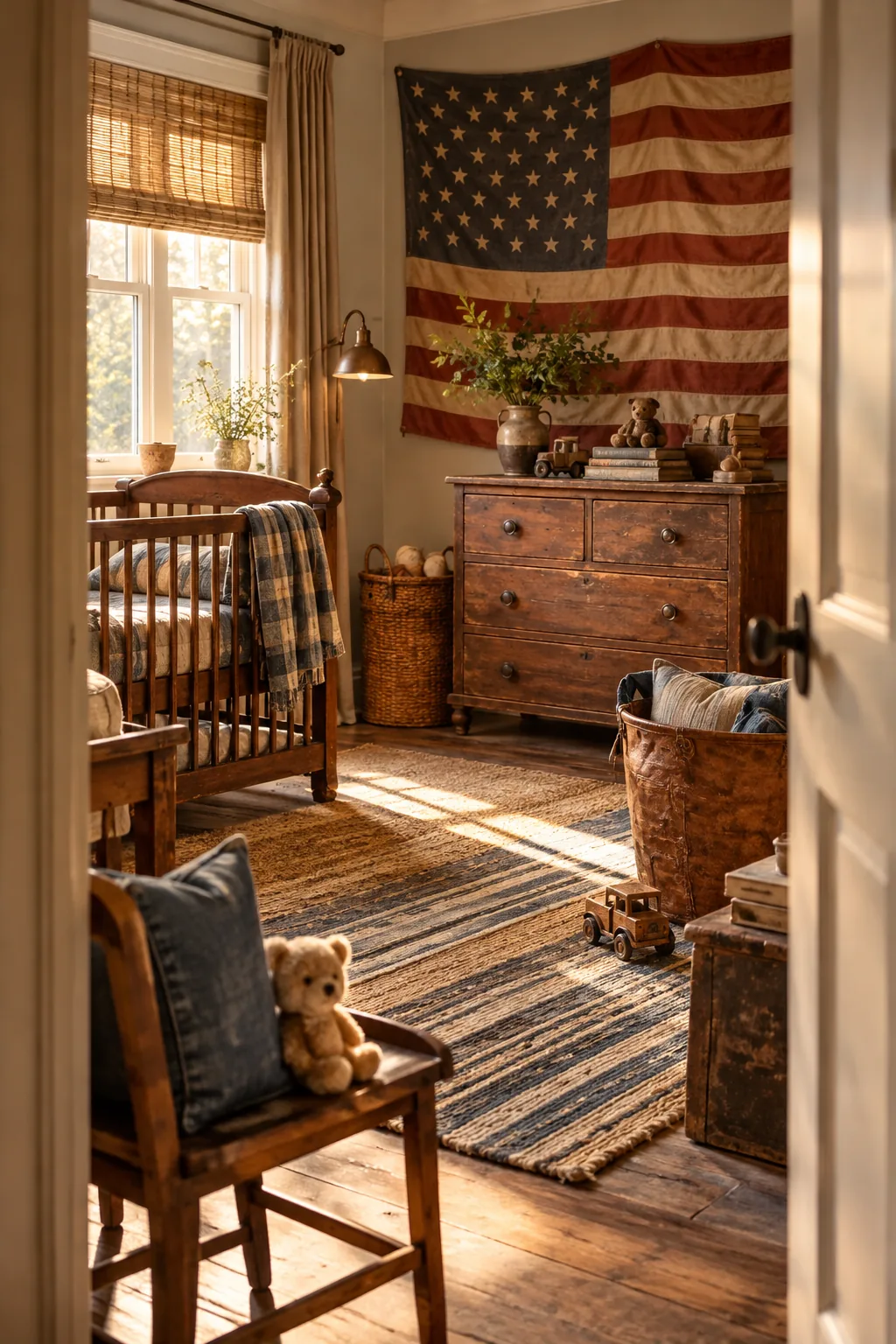 Vintage canvas flag hanging above a wooden dresser in a boy's room