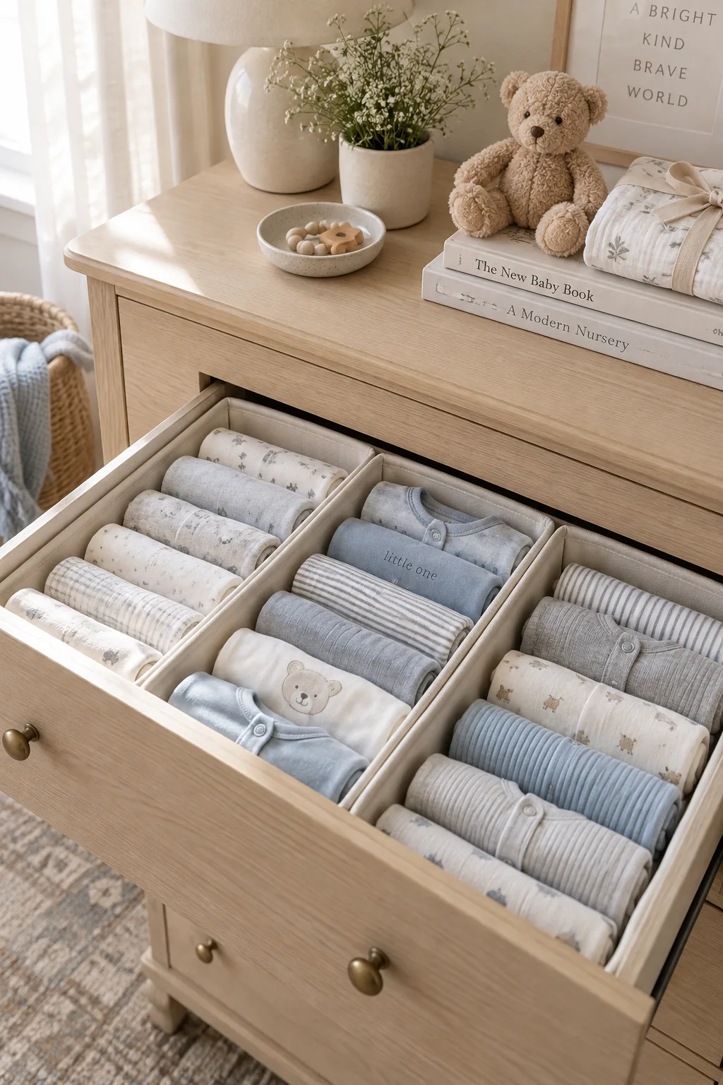 Nursery dresser drawer organized with canvas dividers