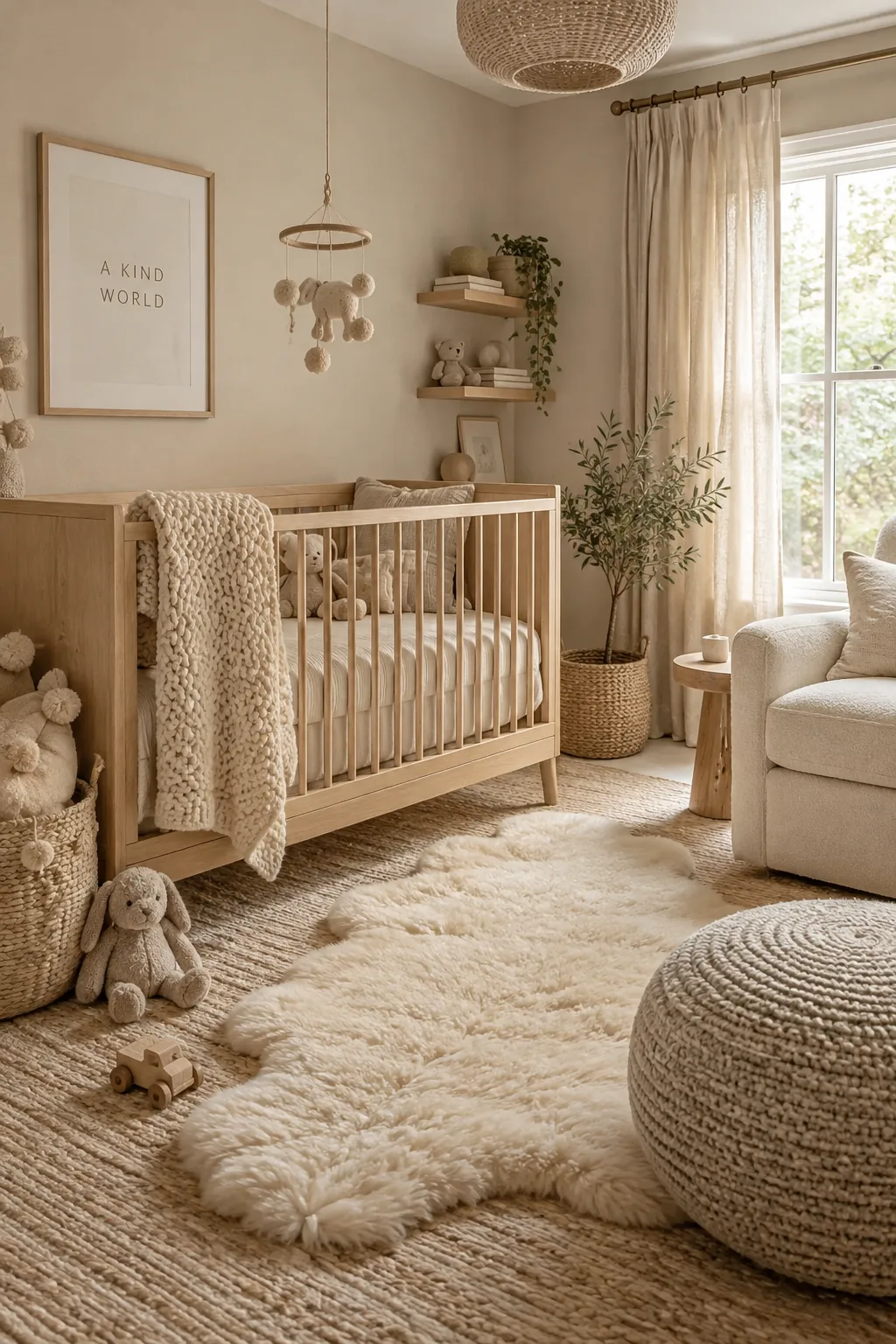 Tone-on-tone neutral nursery with oatmeal walls and a sheepskin rug