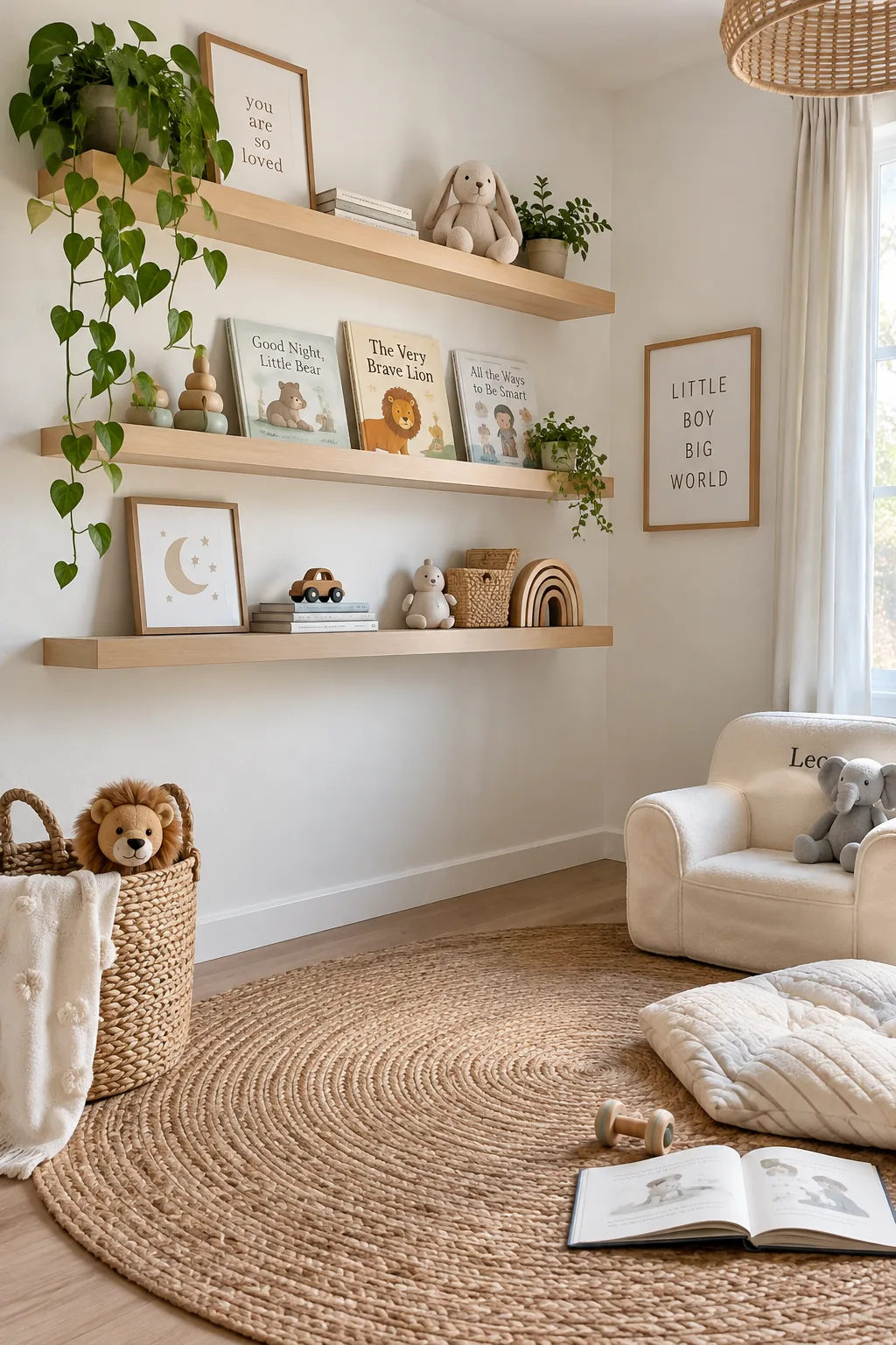 Floating wooden shelves displaying books high on a nursery wall