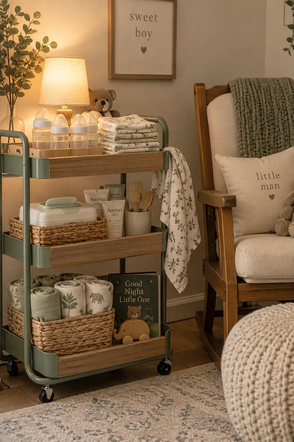 Tiered rolling cart next to a nursery rocking chair