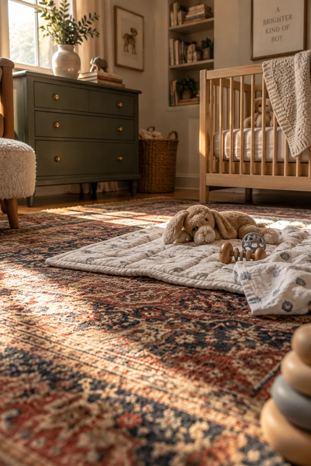 Vintage Persian rug on the floor of a baby boy nursery