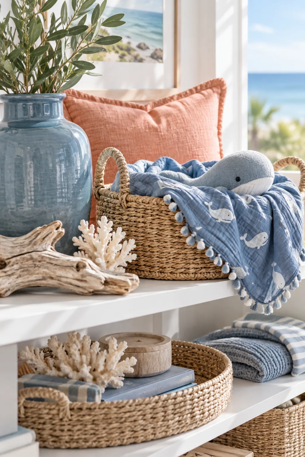 Coastal boy nursery with slate blue walls and rattan light fixture